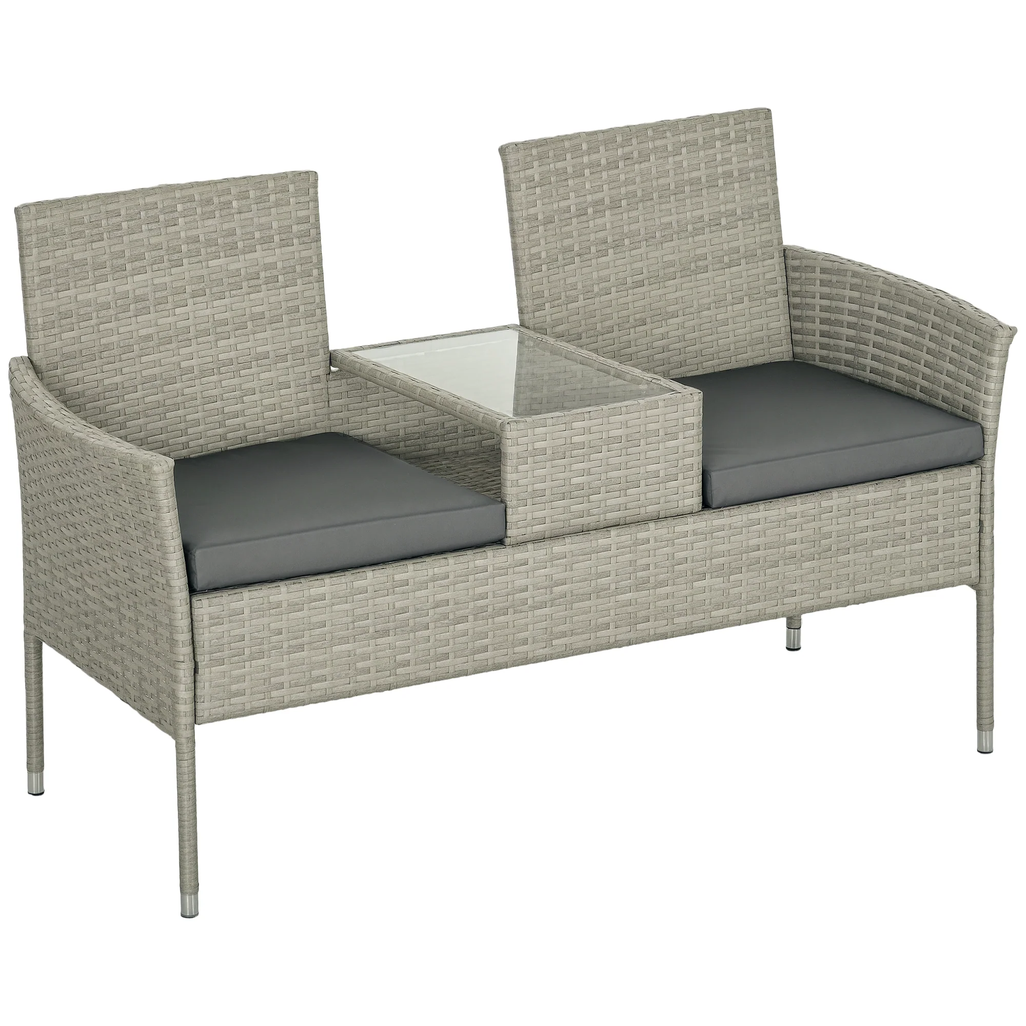 Outsunny Rattan Garden Bench w/ Glass Tea Table, Wicker Chair w/ Cushions