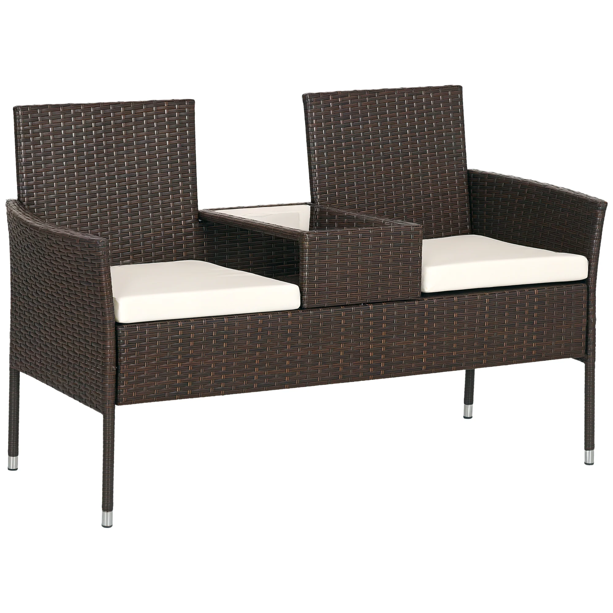 Outsunny Rattan Garden Bench w/ Glass Tea Table, Wicker Chair w/ Cushions - Image 10