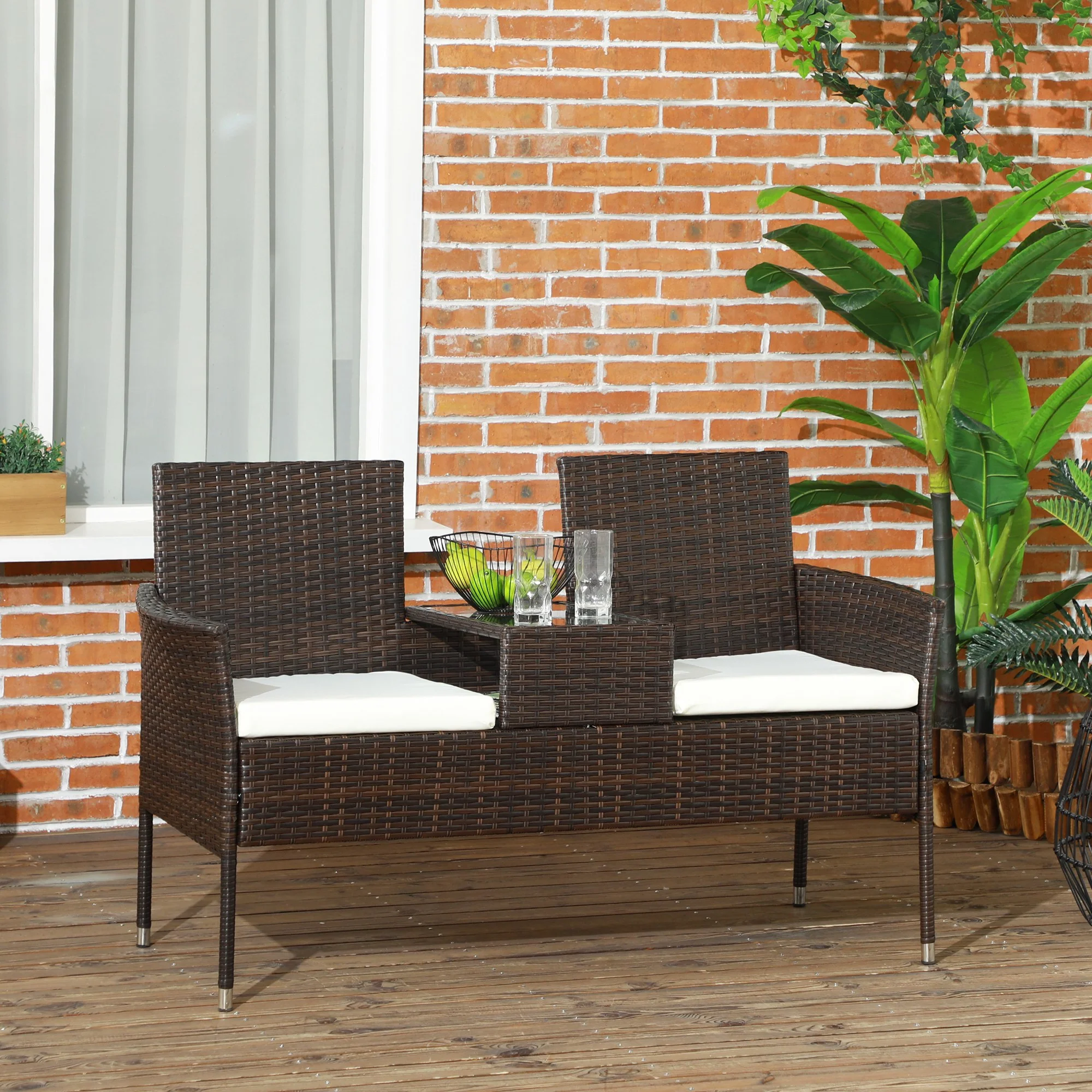 Outsunny Rattan Garden Bench w/ Glass Tea Table, Wicker Chair w/ Cushions - Image 11