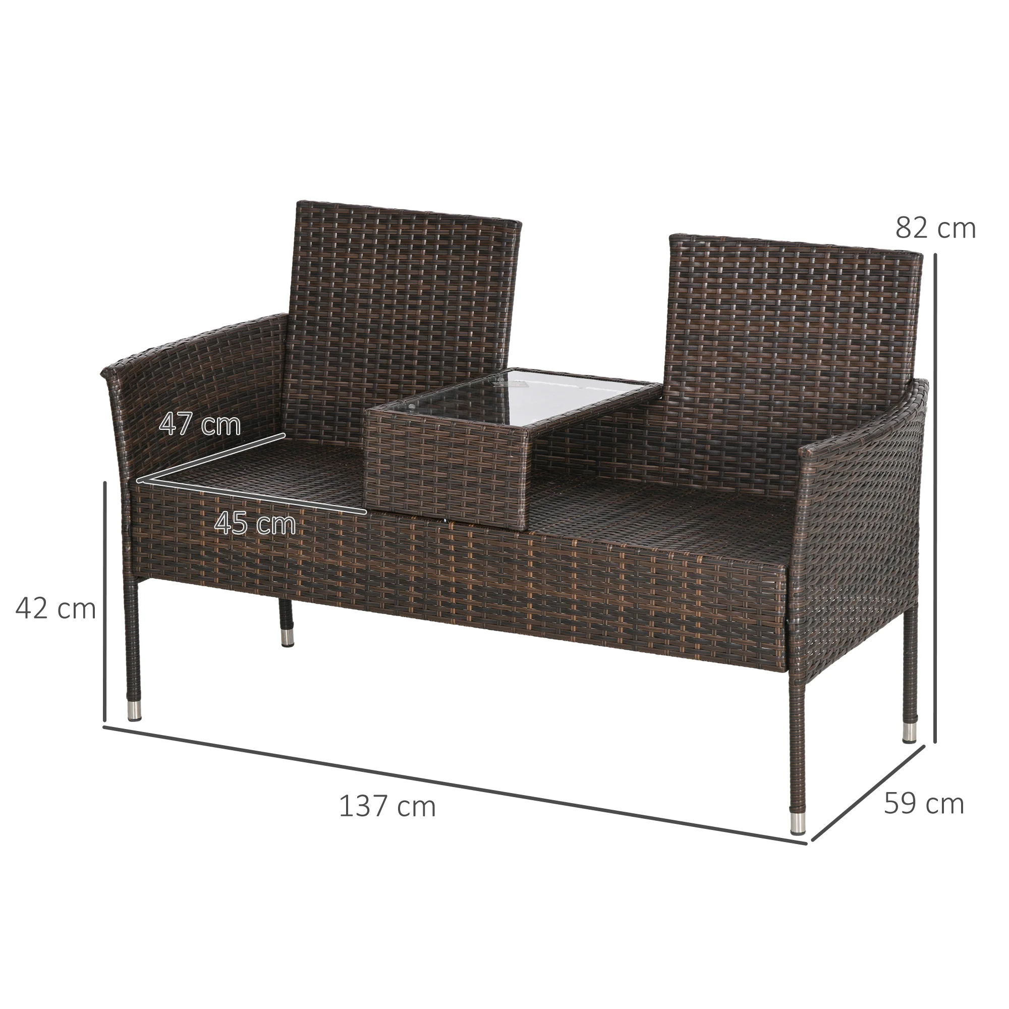 Outsunny Rattan Garden Bench w/ Glass Tea Table, Wicker Chair w/ Cushions - Image 14