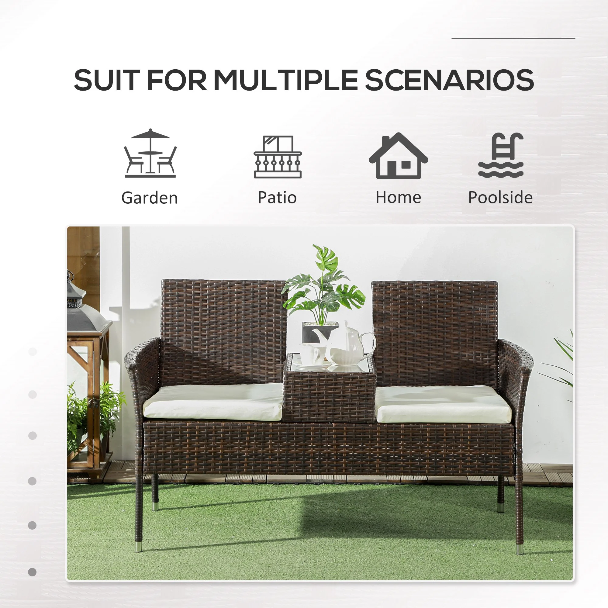 Outsunny Rattan Garden Bench w/ Glass Tea Table, Wicker Chair w/ Cushions - Image 16
