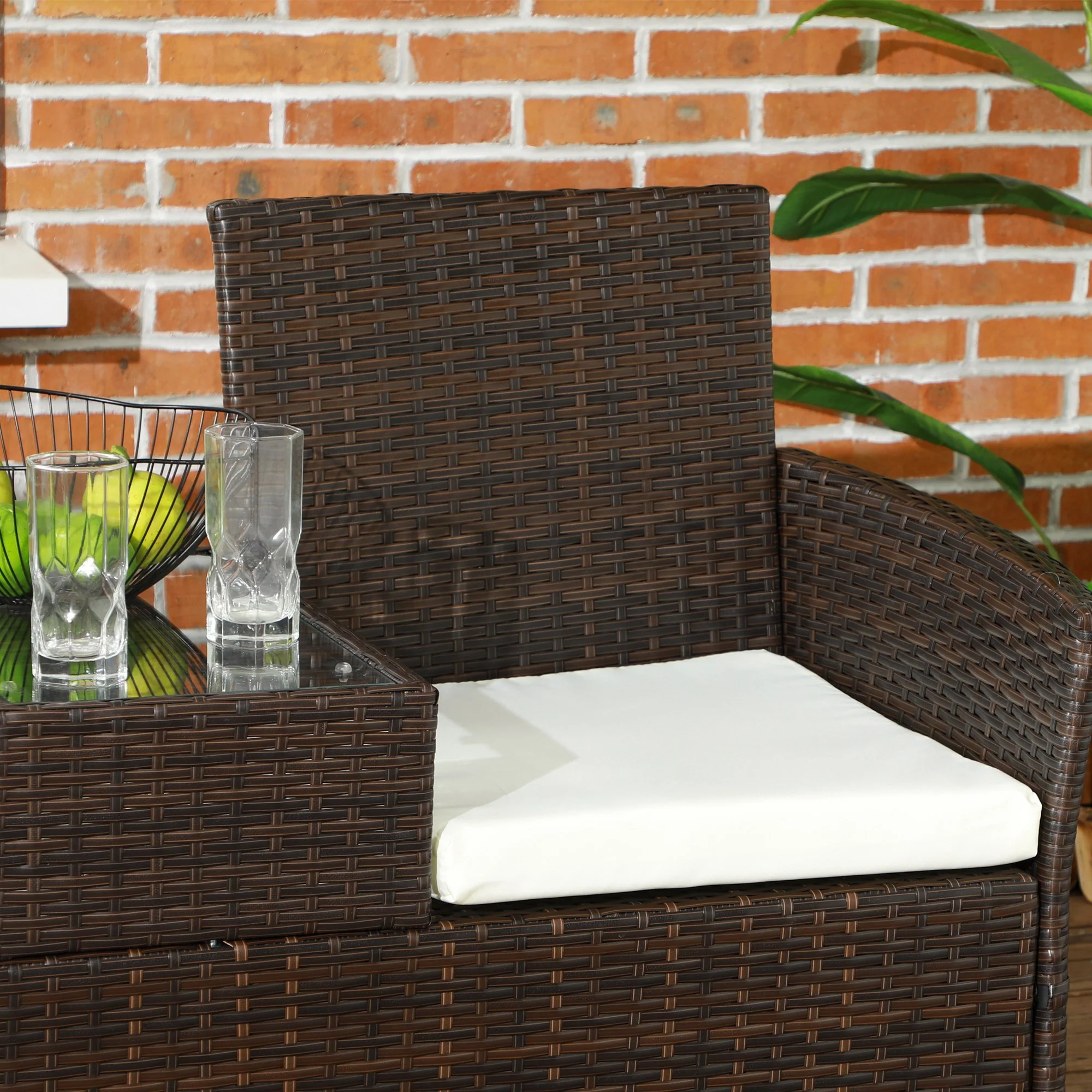 Outsunny Rattan Garden Bench w/ Glass Tea Table, Wicker Chair w/ Cushions - Image 17