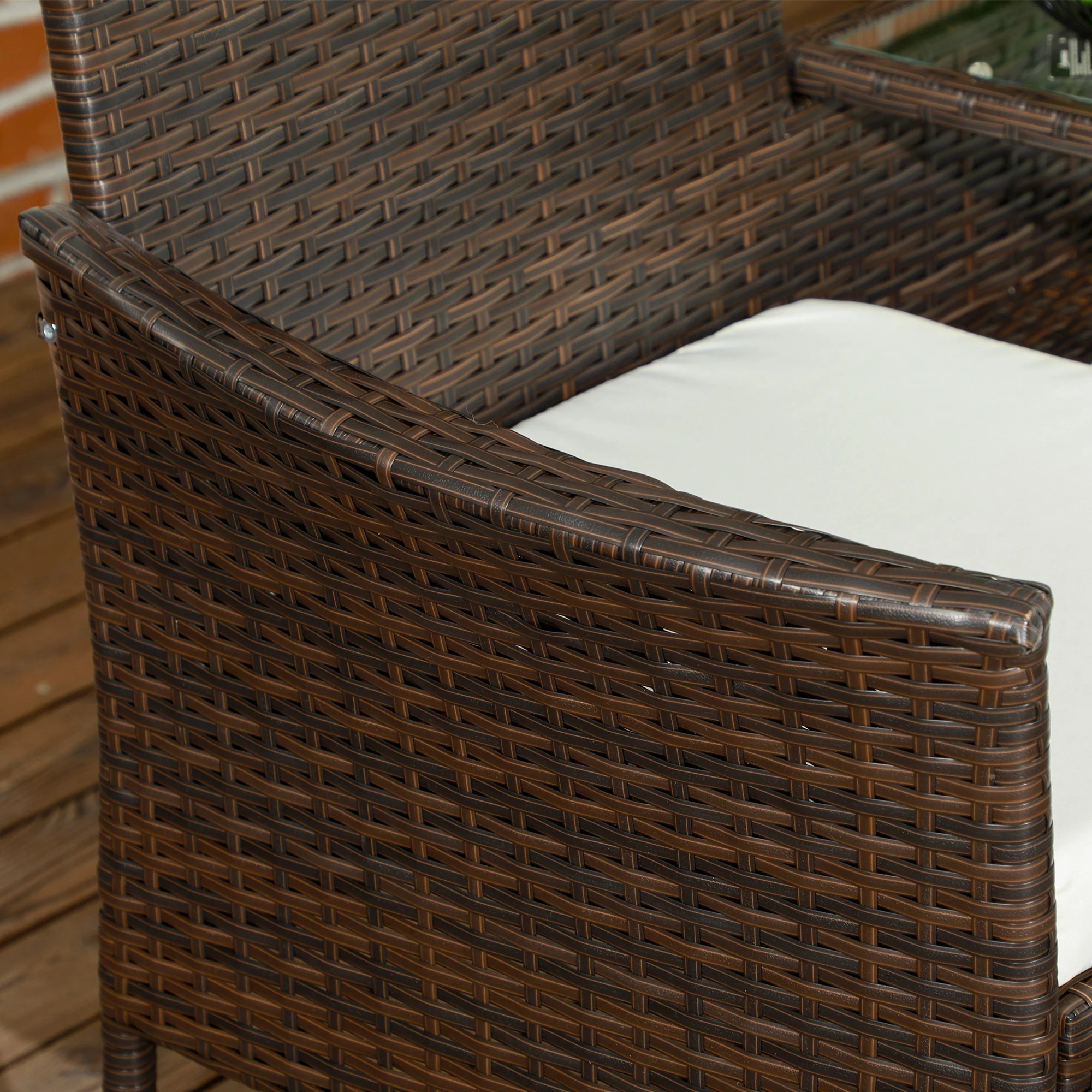 Outsunny Rattan Garden Bench w/ Glass Tea Table, Wicker Chair w/ Cushions - Image 18
