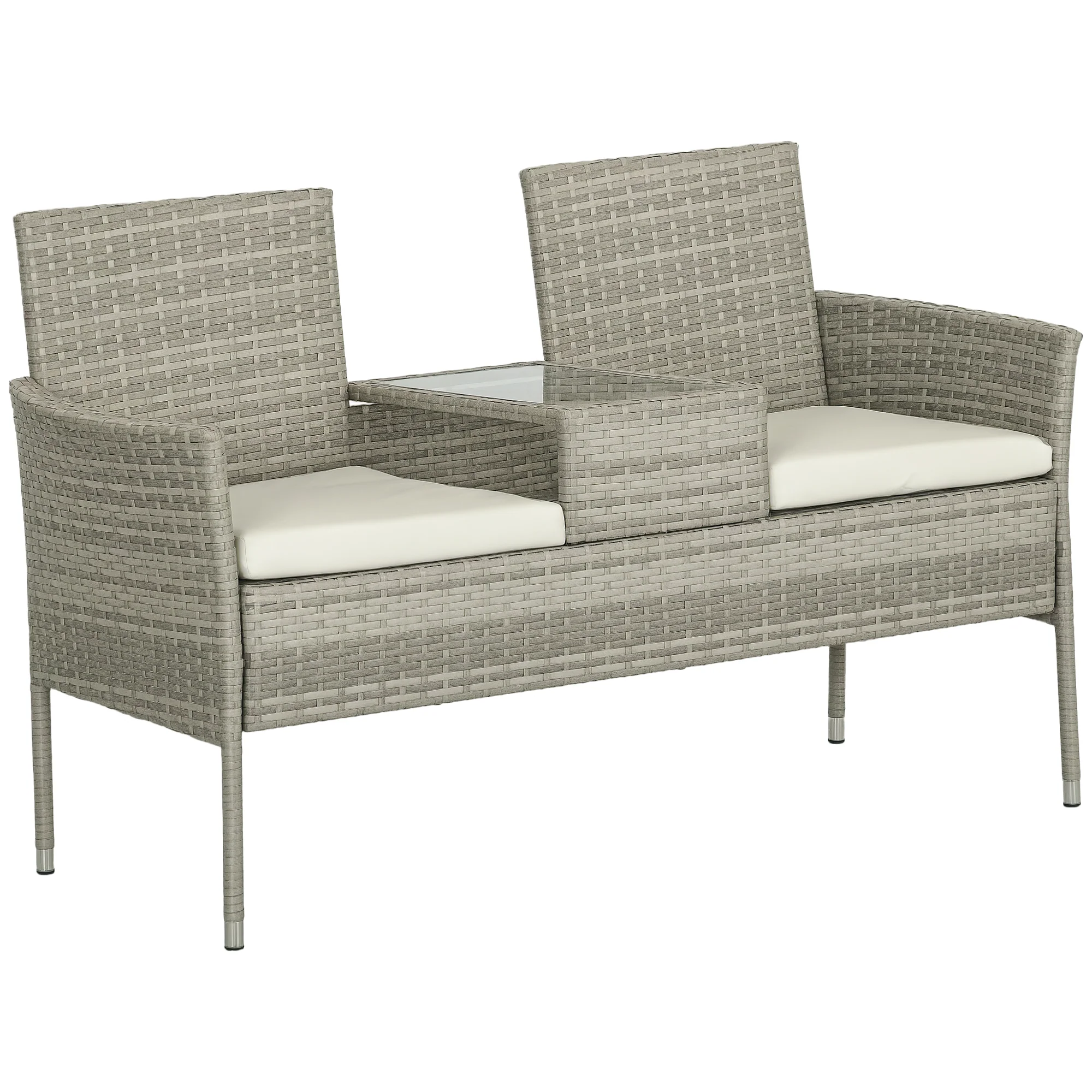 Outsunny Rattan Garden Bench w/ Glass Tea Table, Wicker Chair w/ Cushions - Image 19