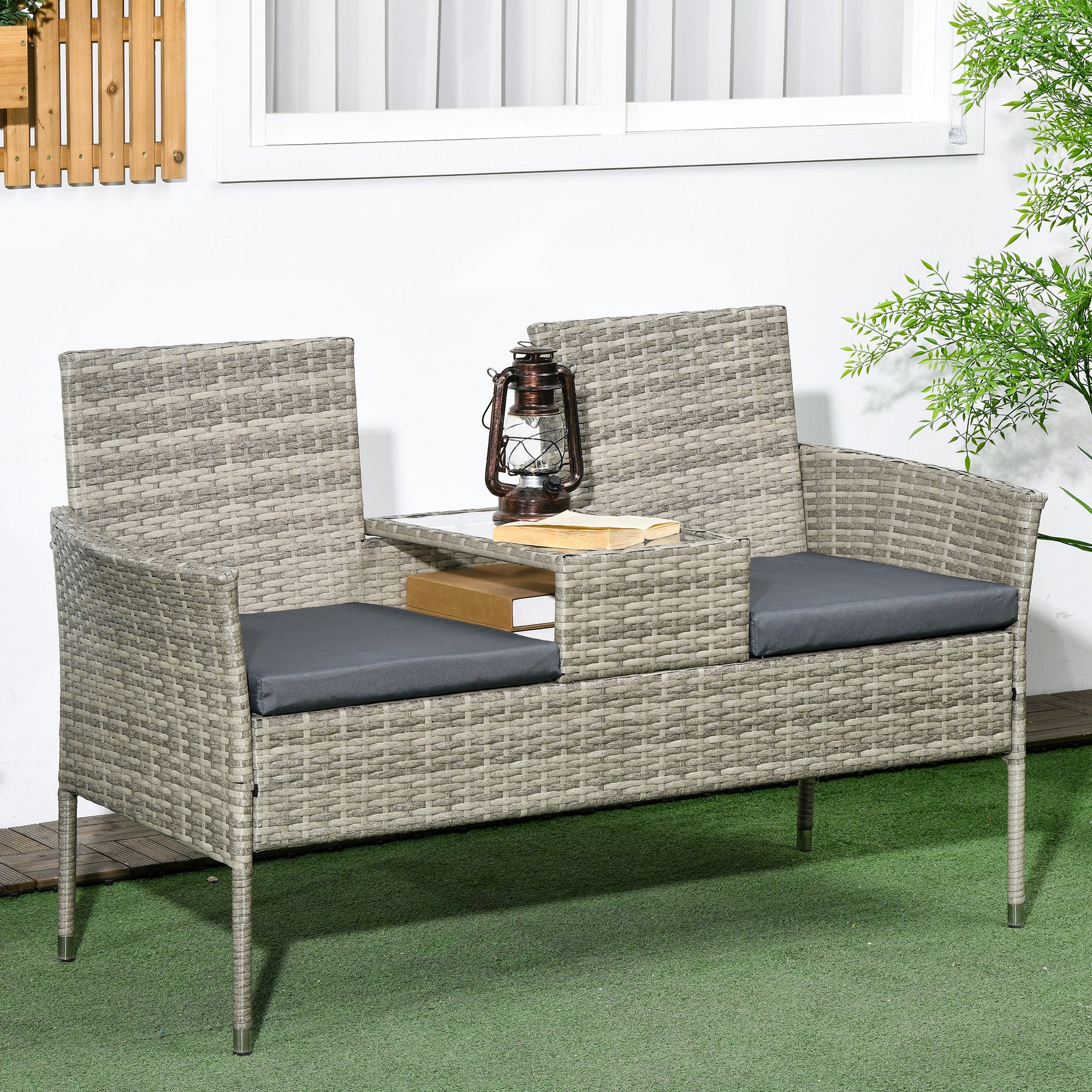 Outsunny Rattan Garden Bench w/ Glass Tea Table, Wicker Chair w/ Cushions - Image 2