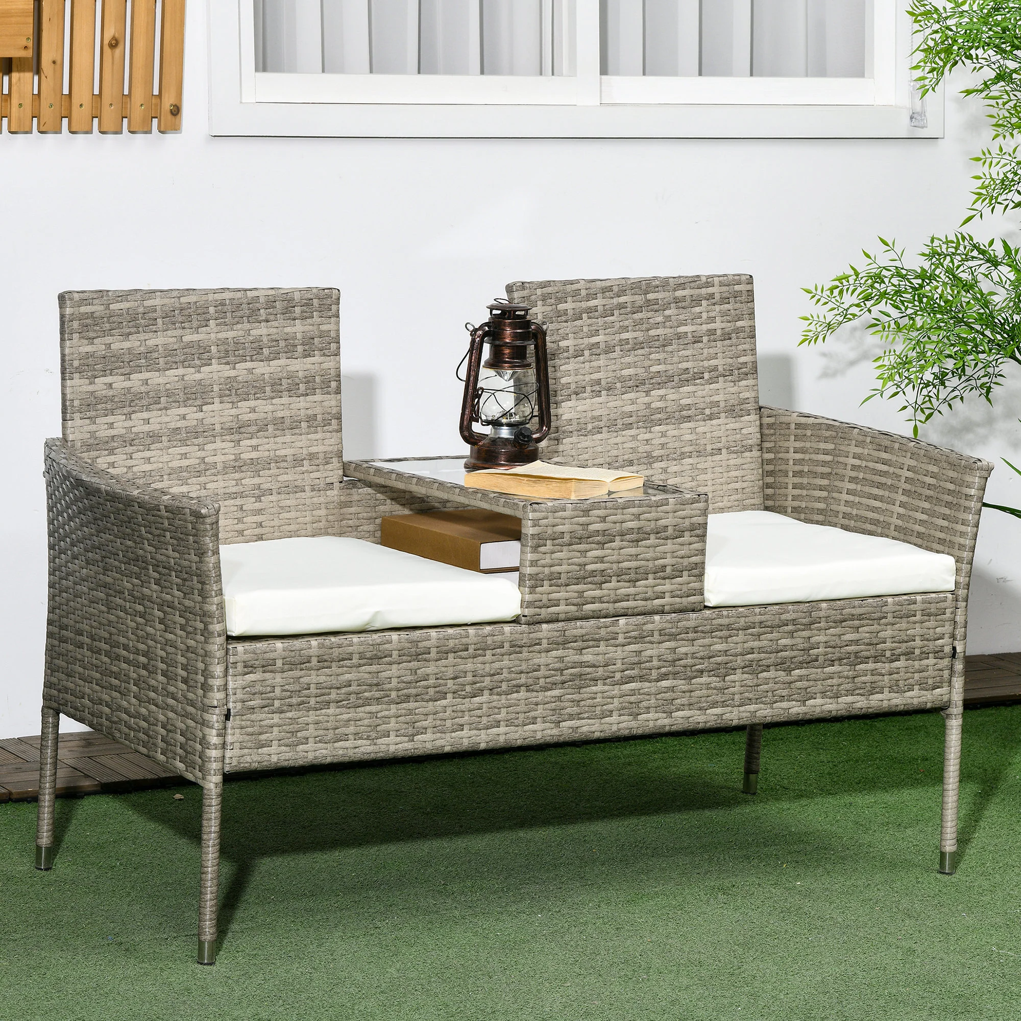 Outsunny Rattan Garden Bench w/ Glass Tea Table, Wicker Chair w/ Cushions - Image 20