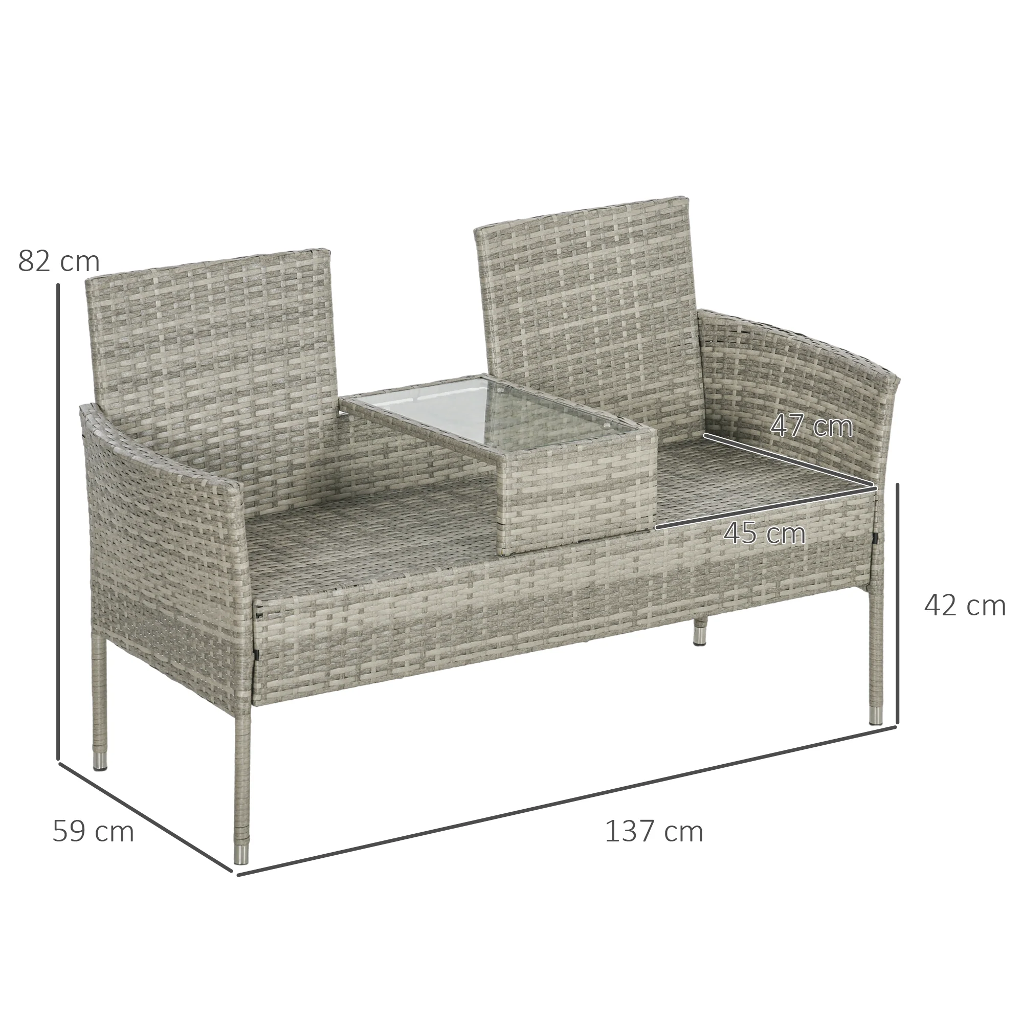 Outsunny Rattan Garden Bench w/ Glass Tea Table, Wicker Chair w/ Cushions - Image 23