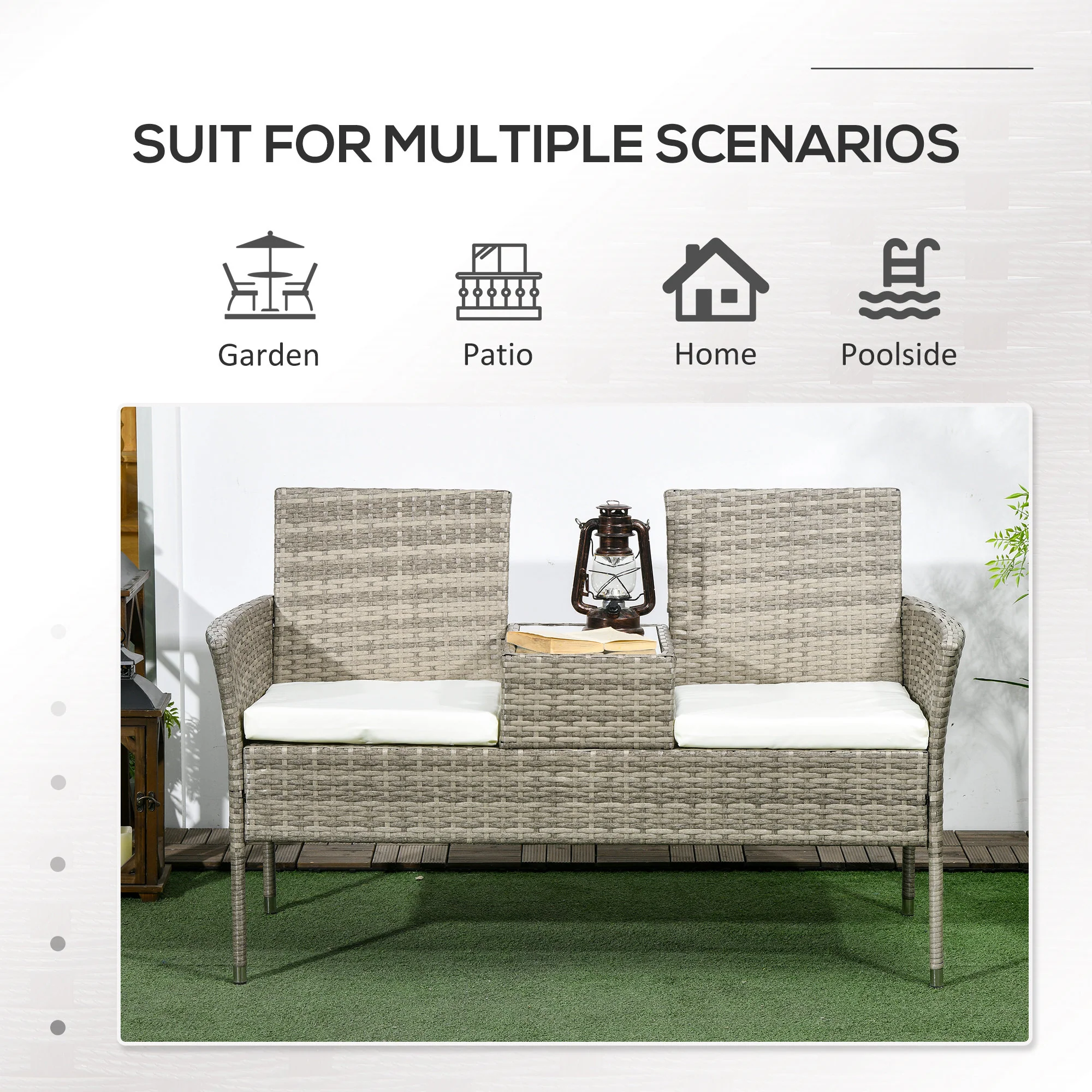 Outsunny Rattan Garden Bench w/ Glass Tea Table, Wicker Chair w/ Cushions - Image 25