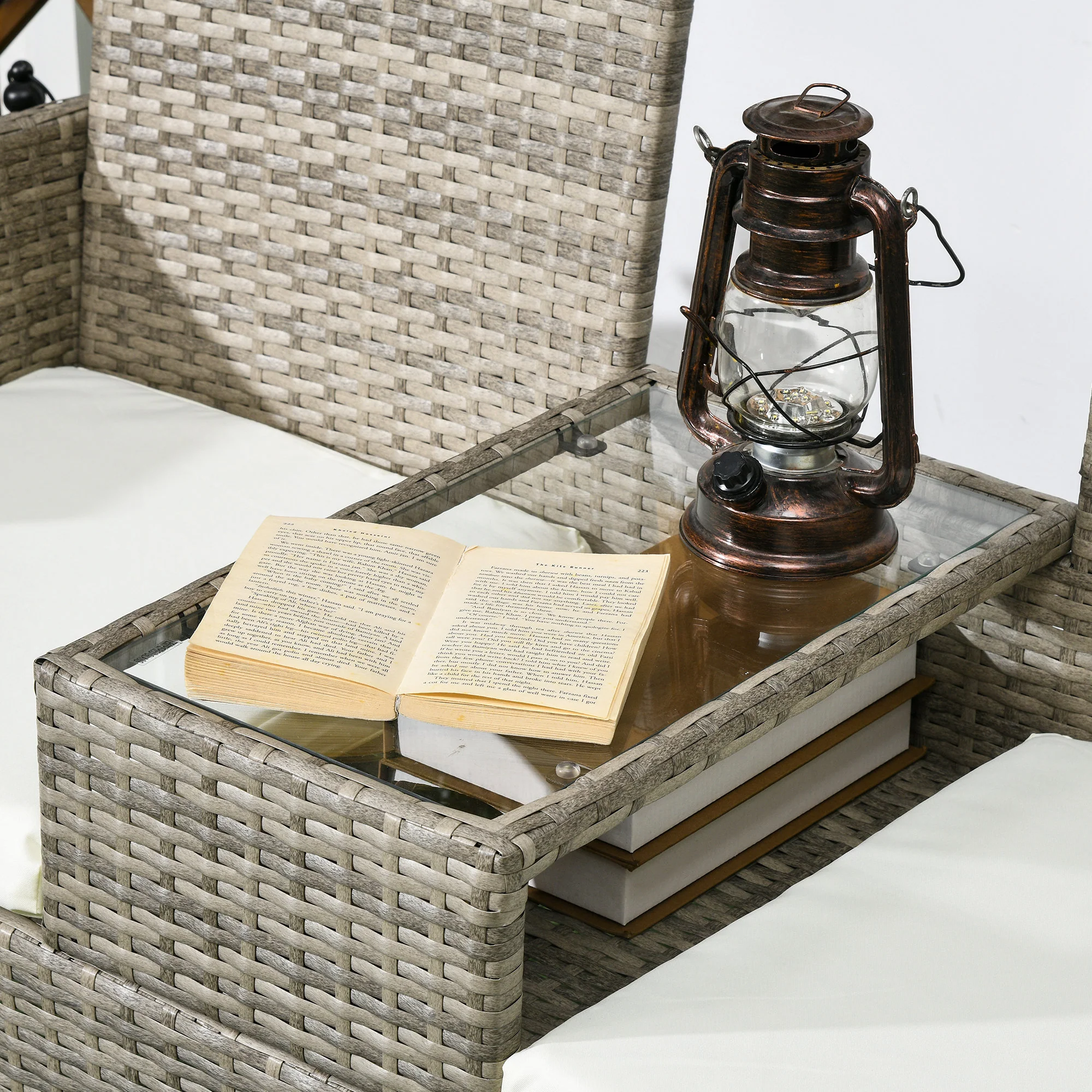 Outsunny Rattan Garden Bench w/ Glass Tea Table, Wicker Chair w/ Cushions - Image 27