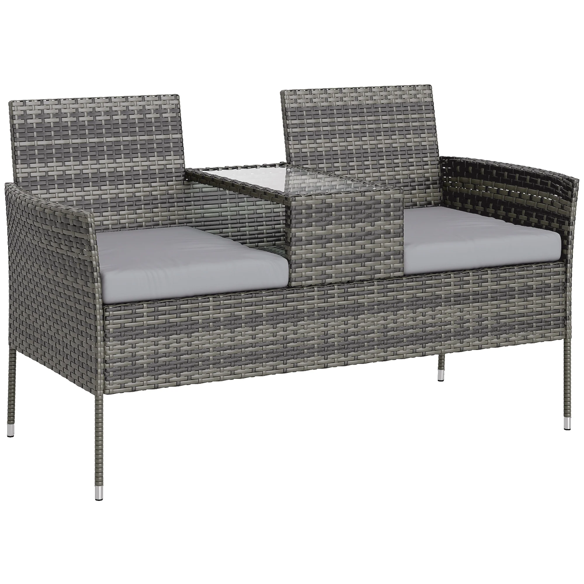 Outsunny Rattan Garden Bench w/ Glass Tea Table, Wicker Chair w/ Cushions - Image 28