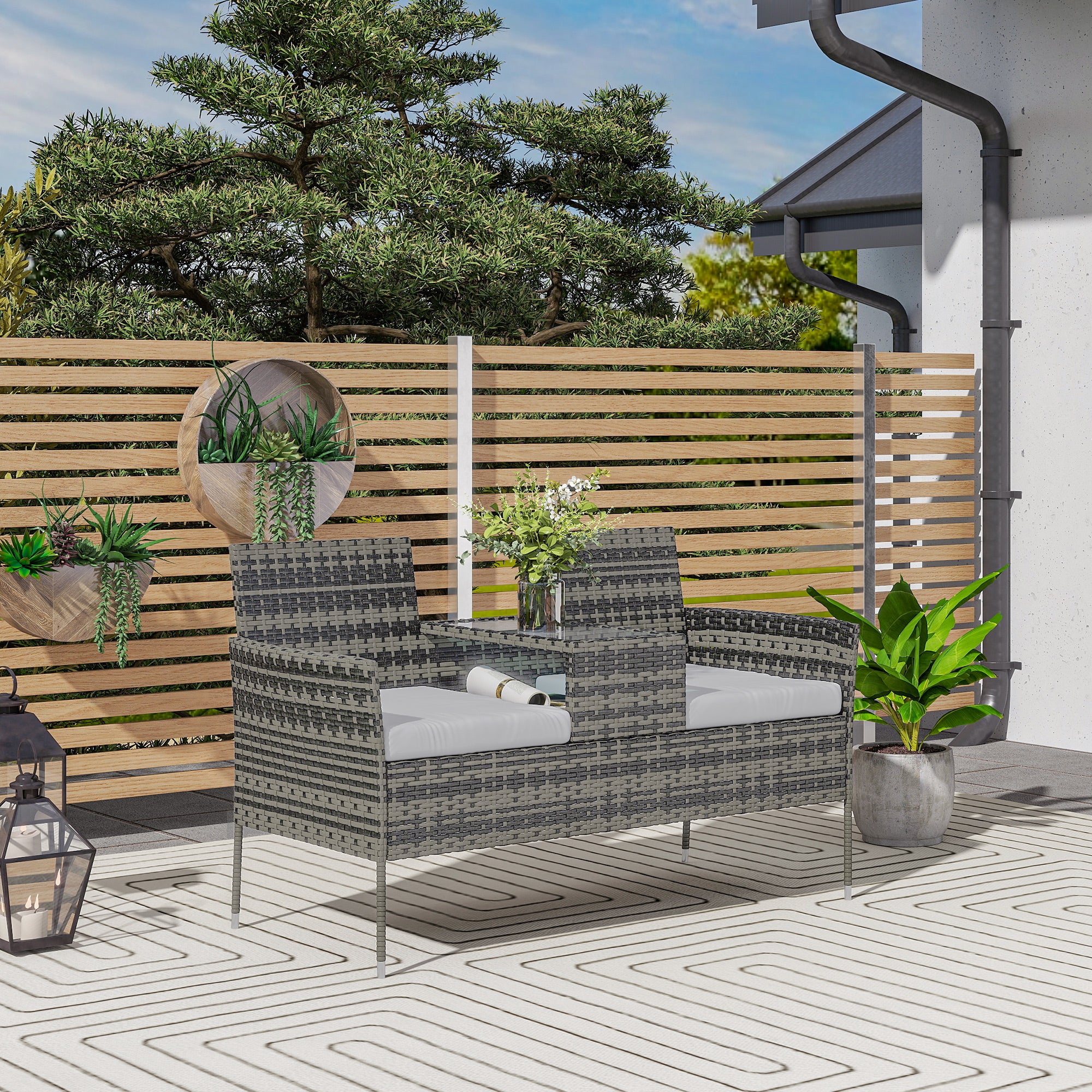 Outsunny Rattan Garden Bench w/ Glass Tea Table, Wicker Chair w/ Cushions - Image 29
