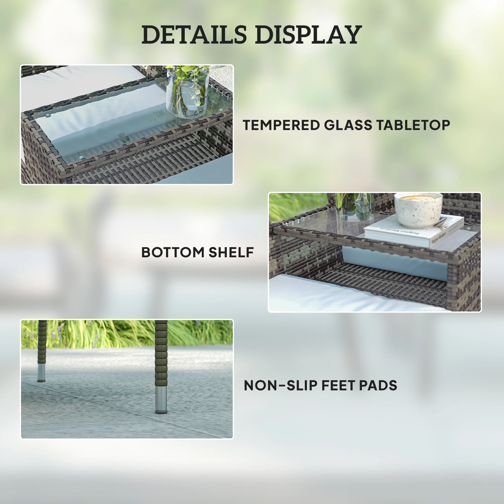 Outsunny Rattan Garden Bench w/ Glass Tea Table, Wicker Chair w/ Cushions - Image 30