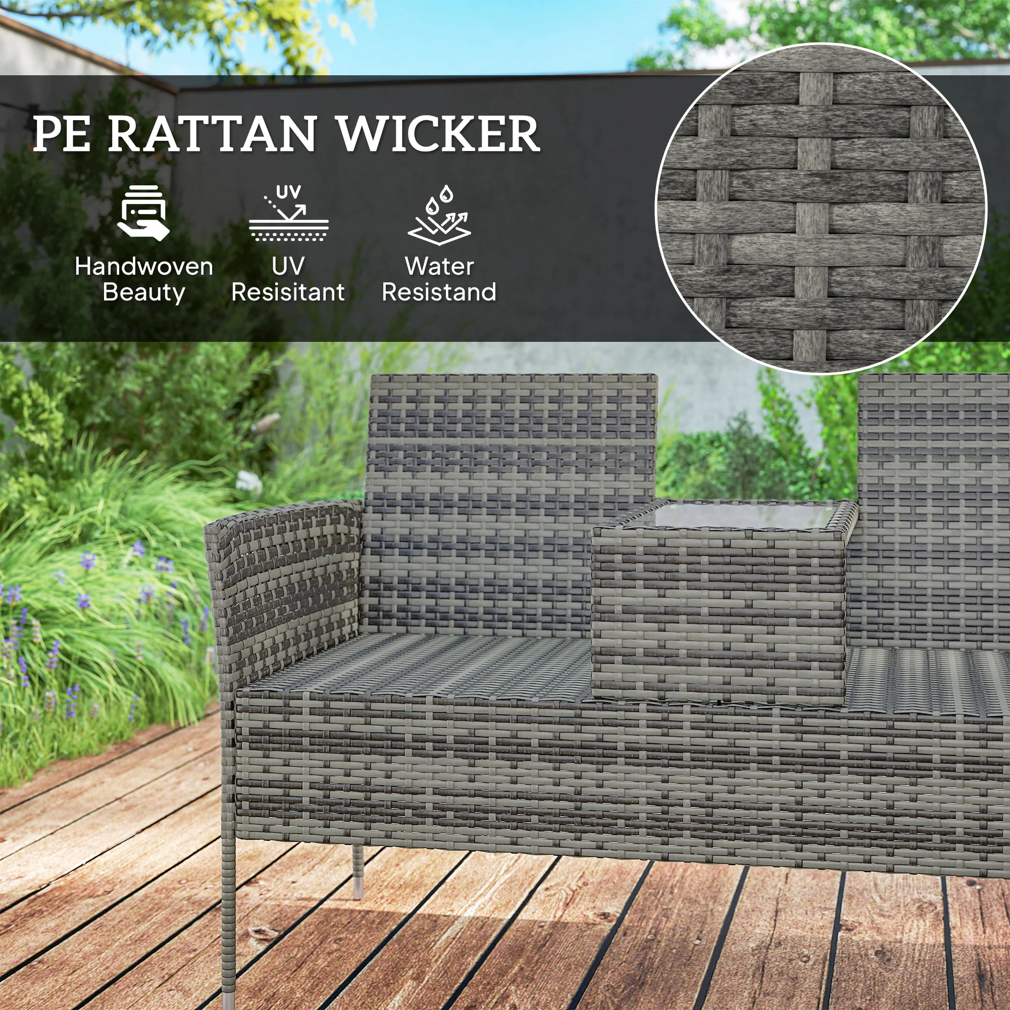 Outsunny Rattan Garden Bench w/ Glass Tea Table, Wicker Chair w/ Cushions - Image 31