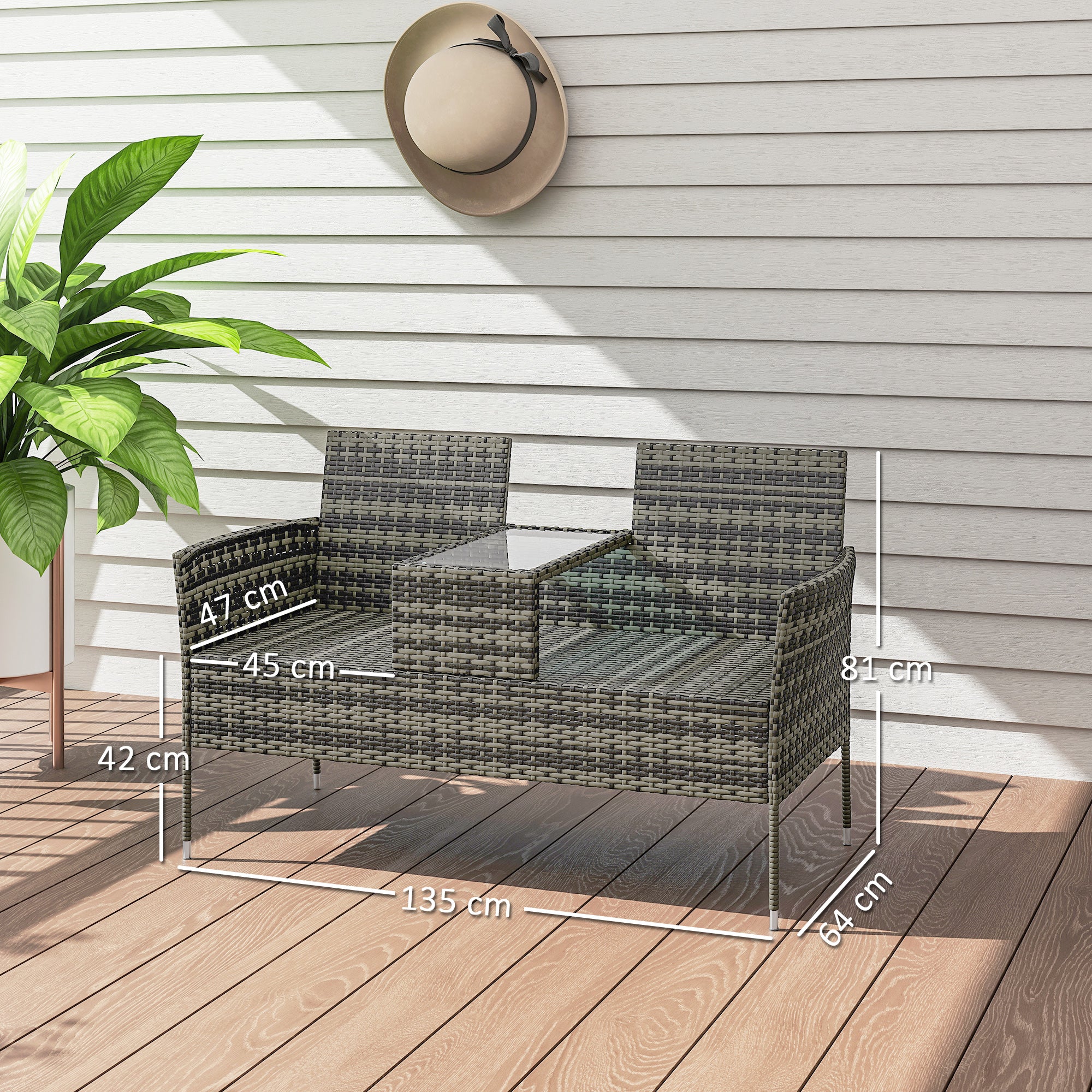 Outsunny Rattan Garden Bench w/ Glass Tea Table, Wicker Chair w/ Cushions - Image 32