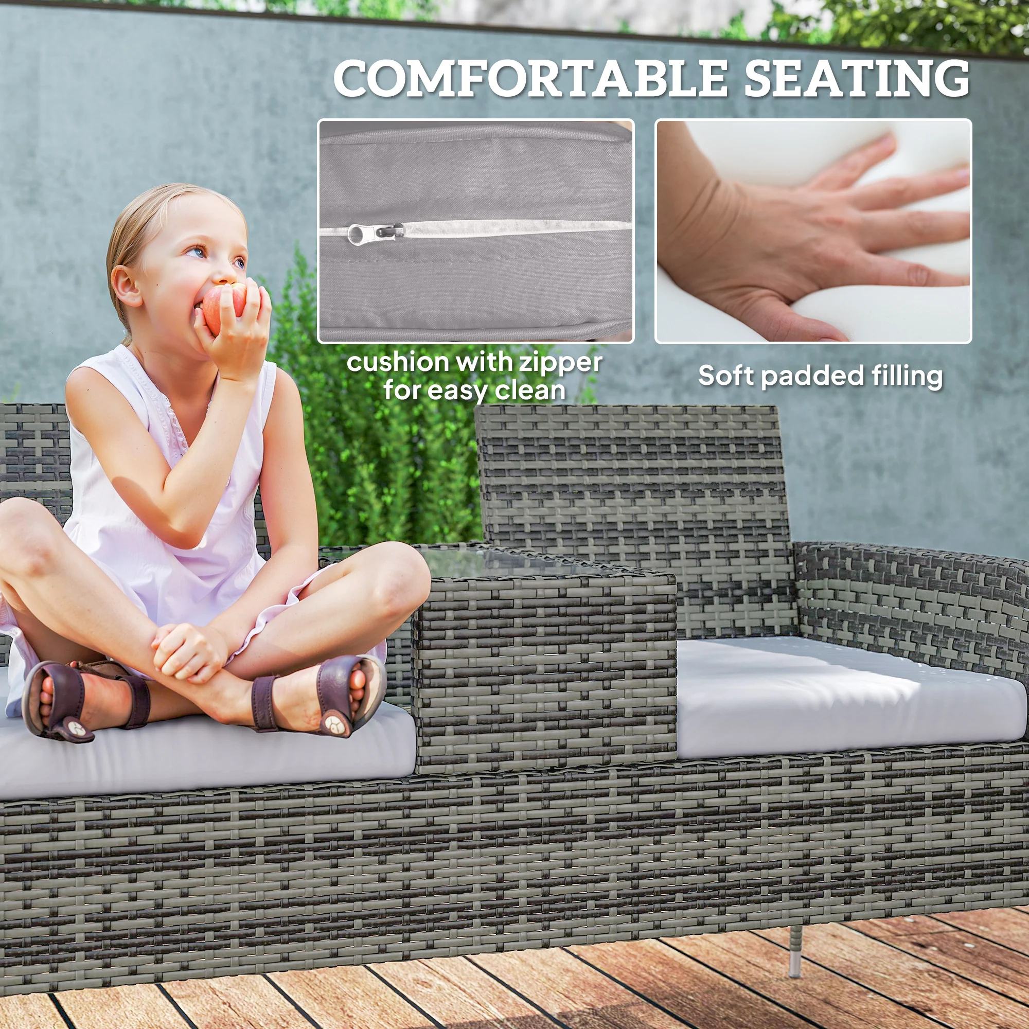 Outsunny Rattan Garden Bench w/ Glass Tea Table, Wicker Chair w/ Cushions - Image 34