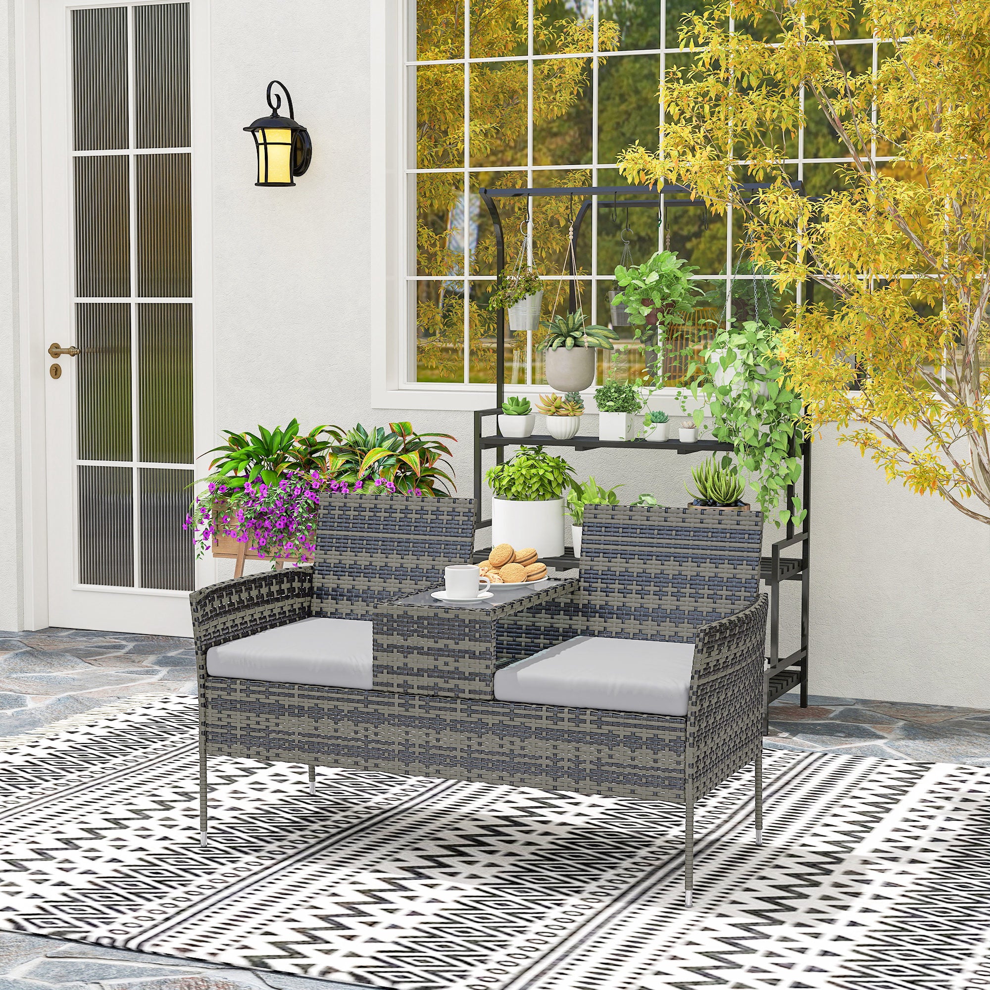 Outsunny Rattan Garden Bench w/ Glass Tea Table, Wicker Chair w/ Cushions - Image 36