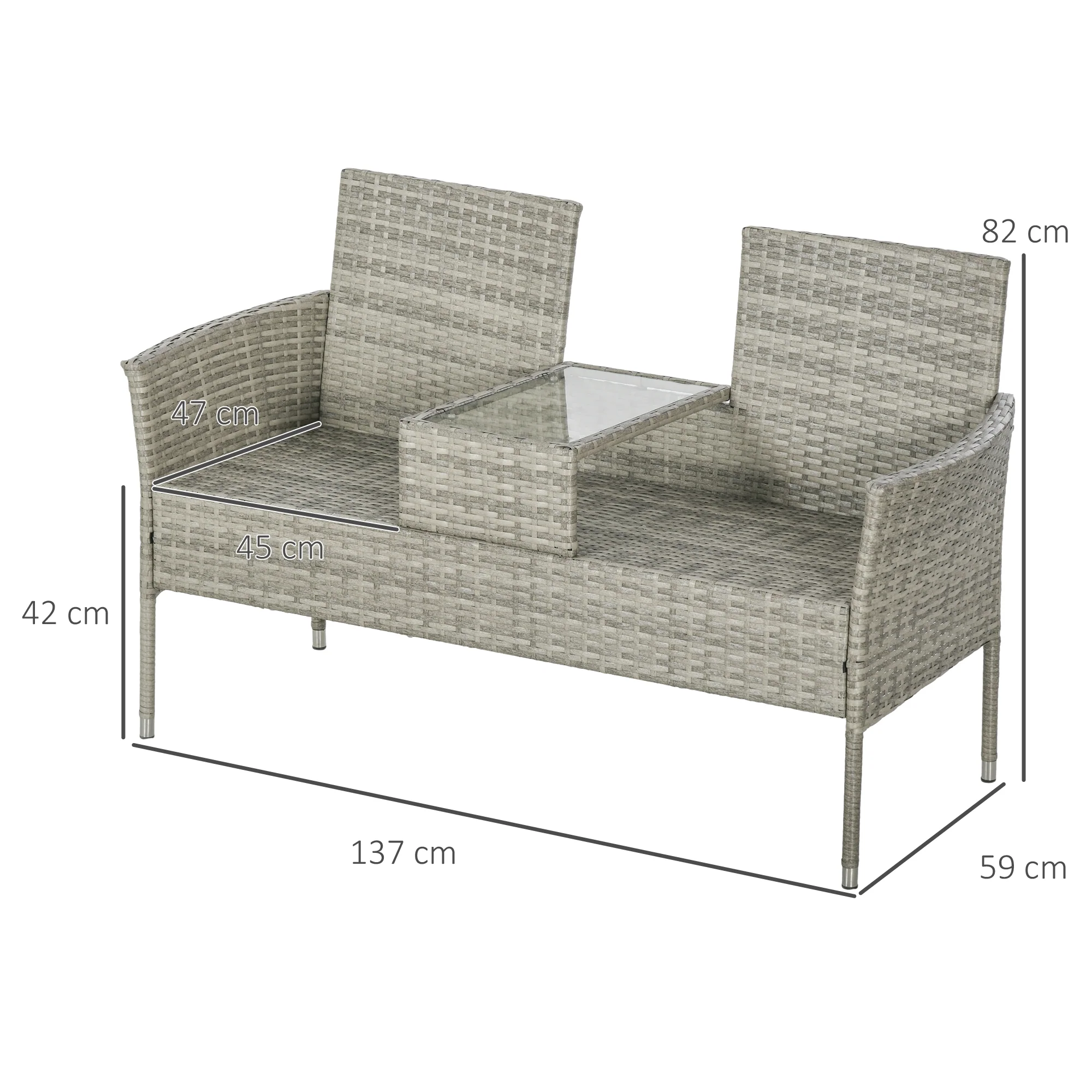 Outsunny Rattan Garden Bench w/ Glass Tea Table, Wicker Chair w/ Cushions - Image 5