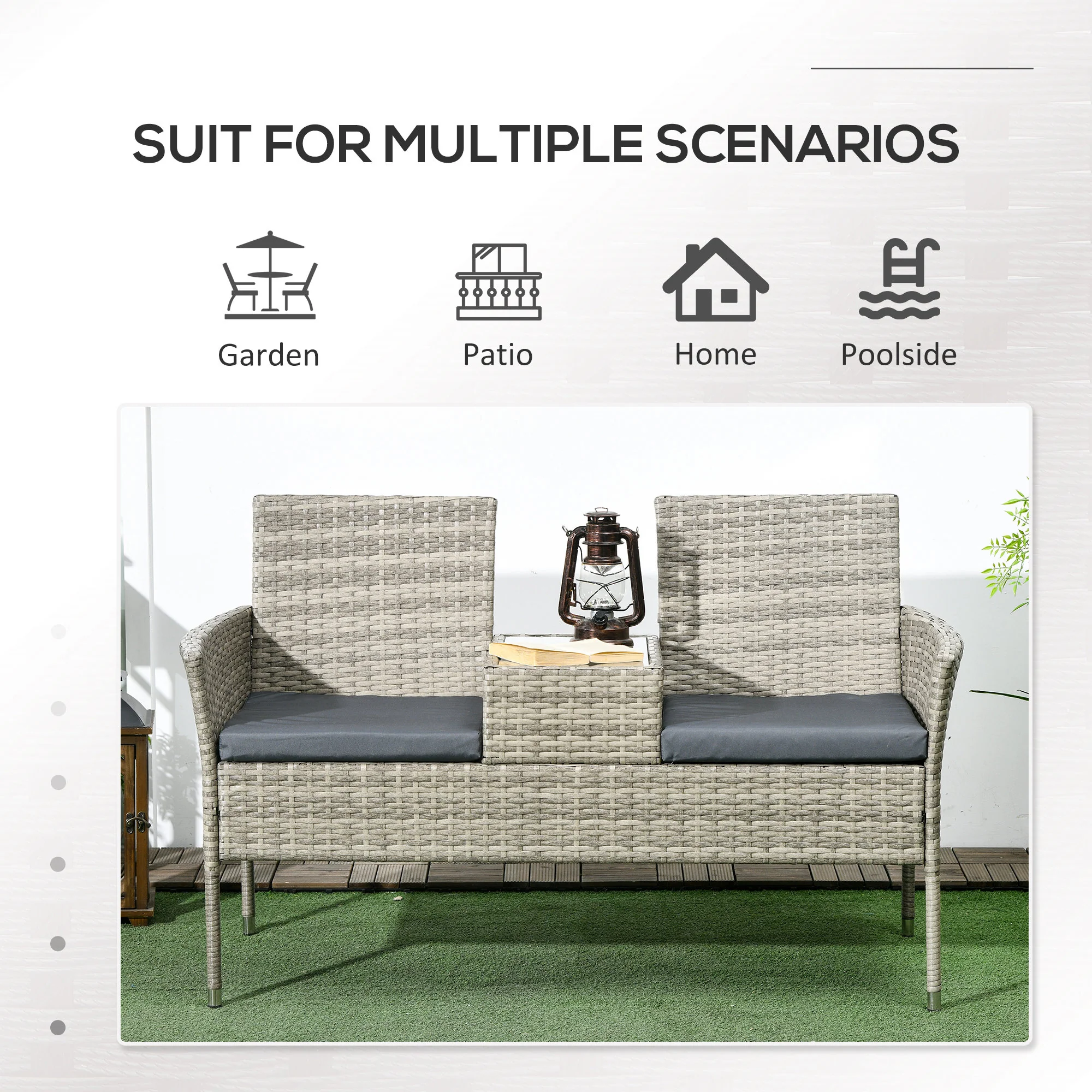 Outsunny Rattan Garden Bench w/ Glass Tea Table, Wicker Chair w/ Cushions - Image 7