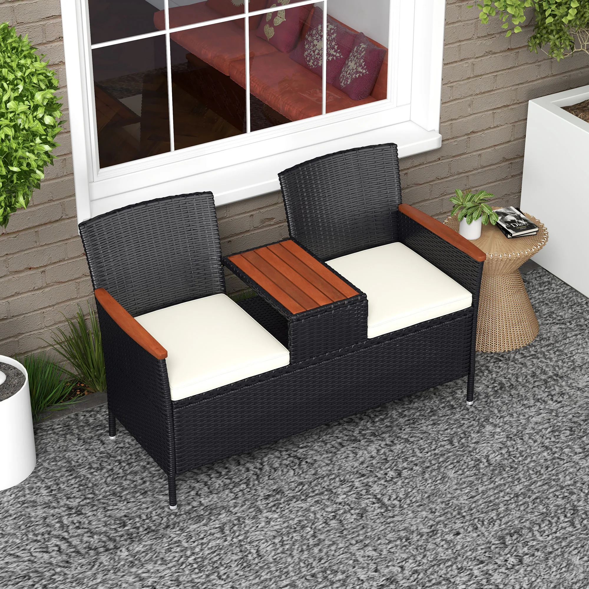 Outsunny Rattan Garden Bench w/ Wood Top Table, Wicker Chair w/ Cushions, Black - Image 7