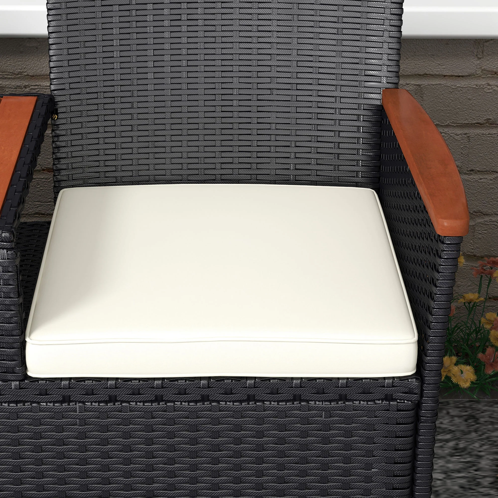 Outsunny Rattan Garden Bench w/ Wood Top Table, Wicker Chair w/ Cushions, Black - Image 8