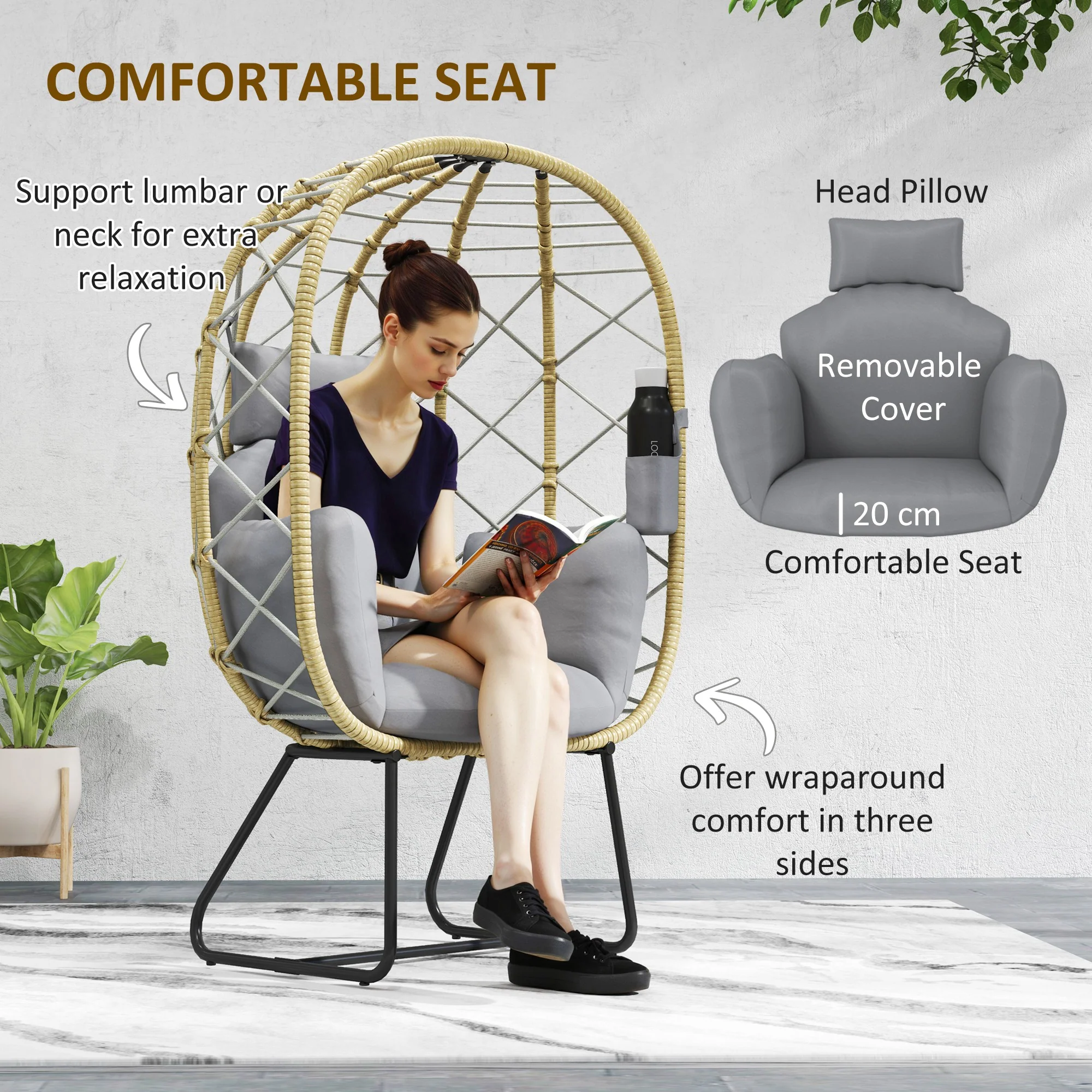 Outsunny Rattan Garden Egg Chair With Thickened Cushion, Headrest, Grey - Image 12