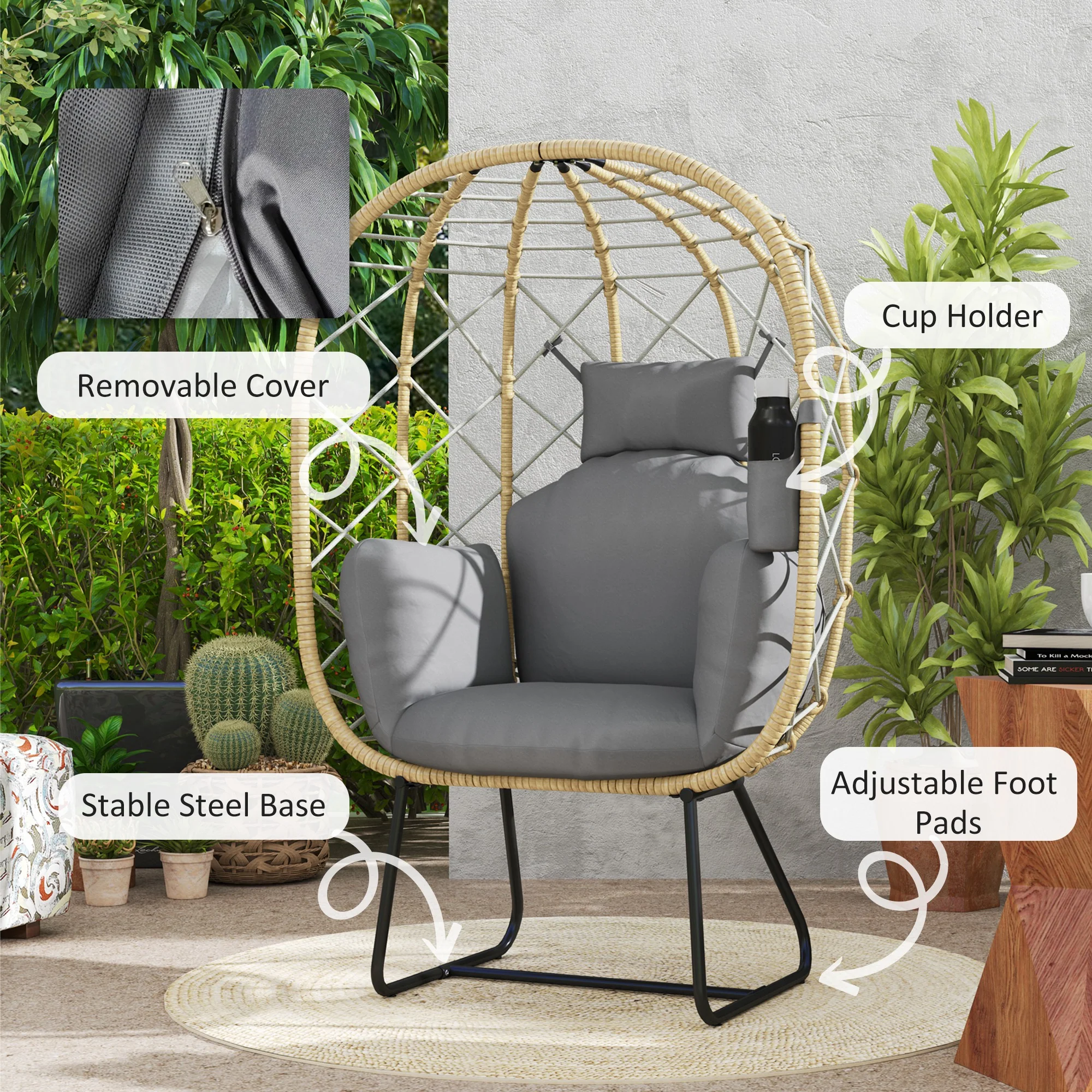 Outsunny Rattan Garden Egg Chair With Thickened Cushion, Headrest, Grey - Image 16