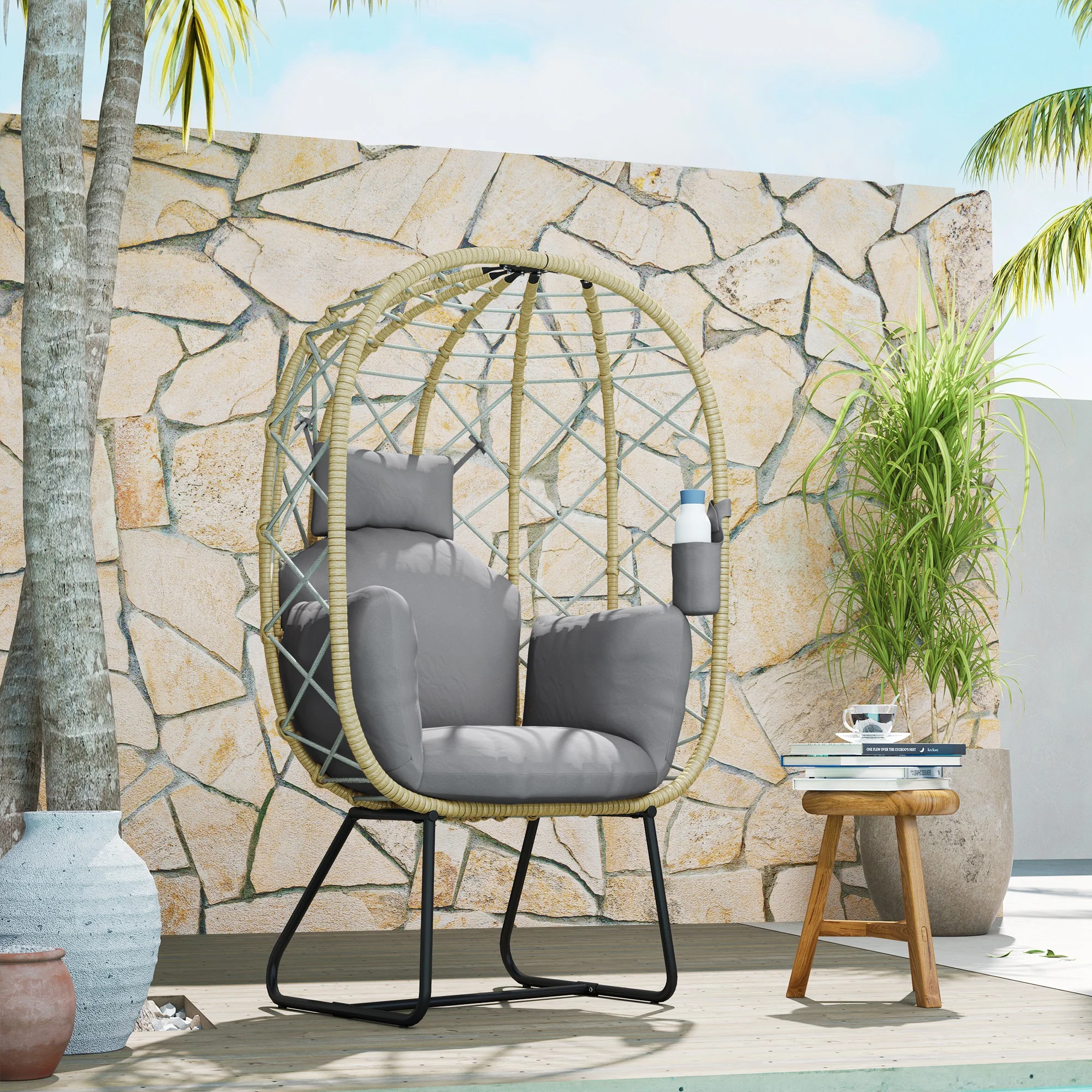 Outsunny Rattan Garden Egg Chair With Thickened Cushion, Headrest, Grey - Image 17
