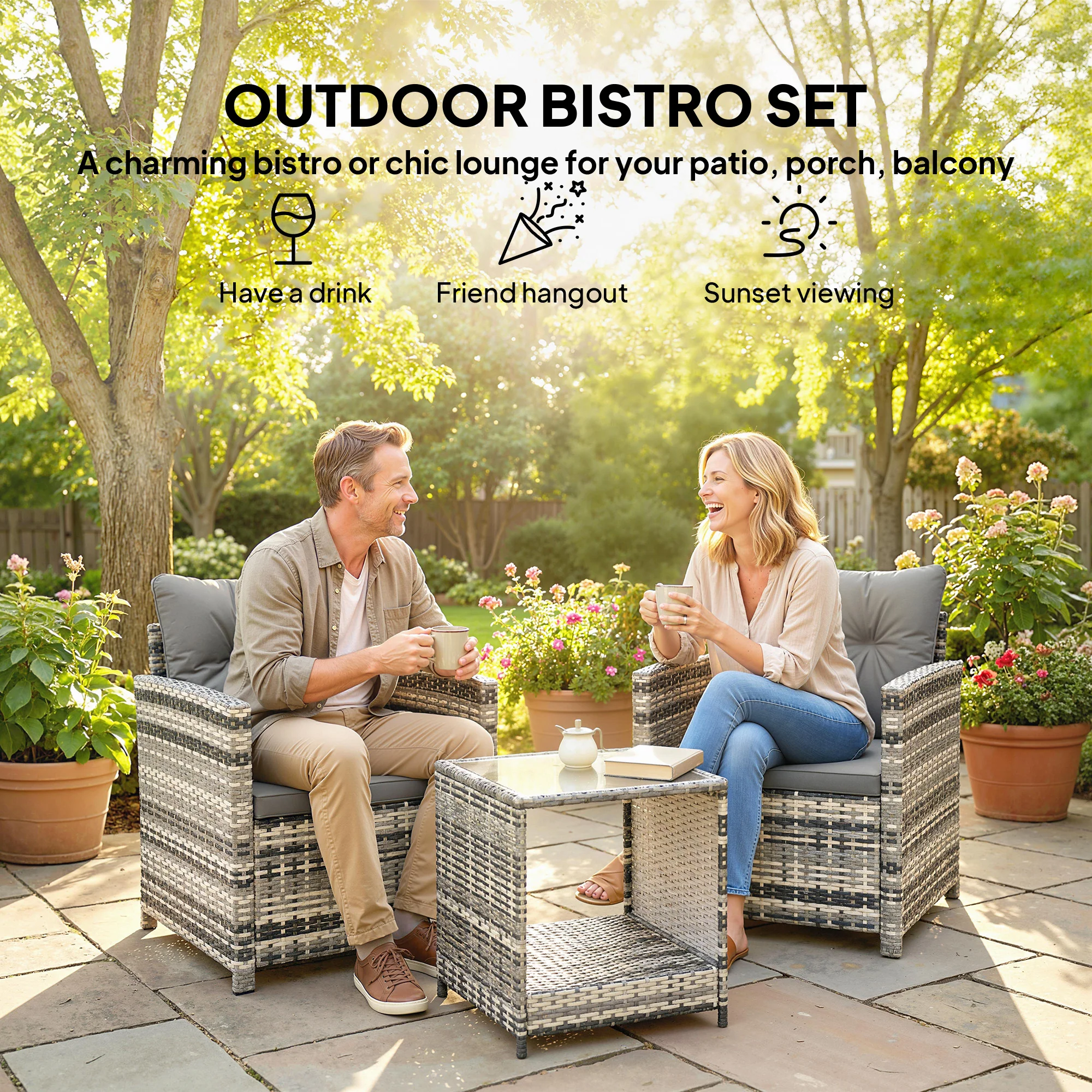 Outsunny Rattan Garden Furniture Bistro Set with Cushion, Mixed Grey - Image 4