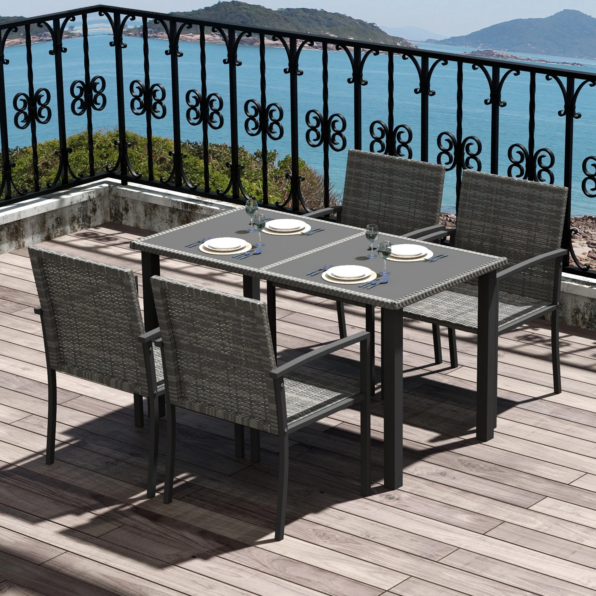 Outsunny Rattan Garden Furniture for 4, Dining Table and Chairs, Grey - Image 2
