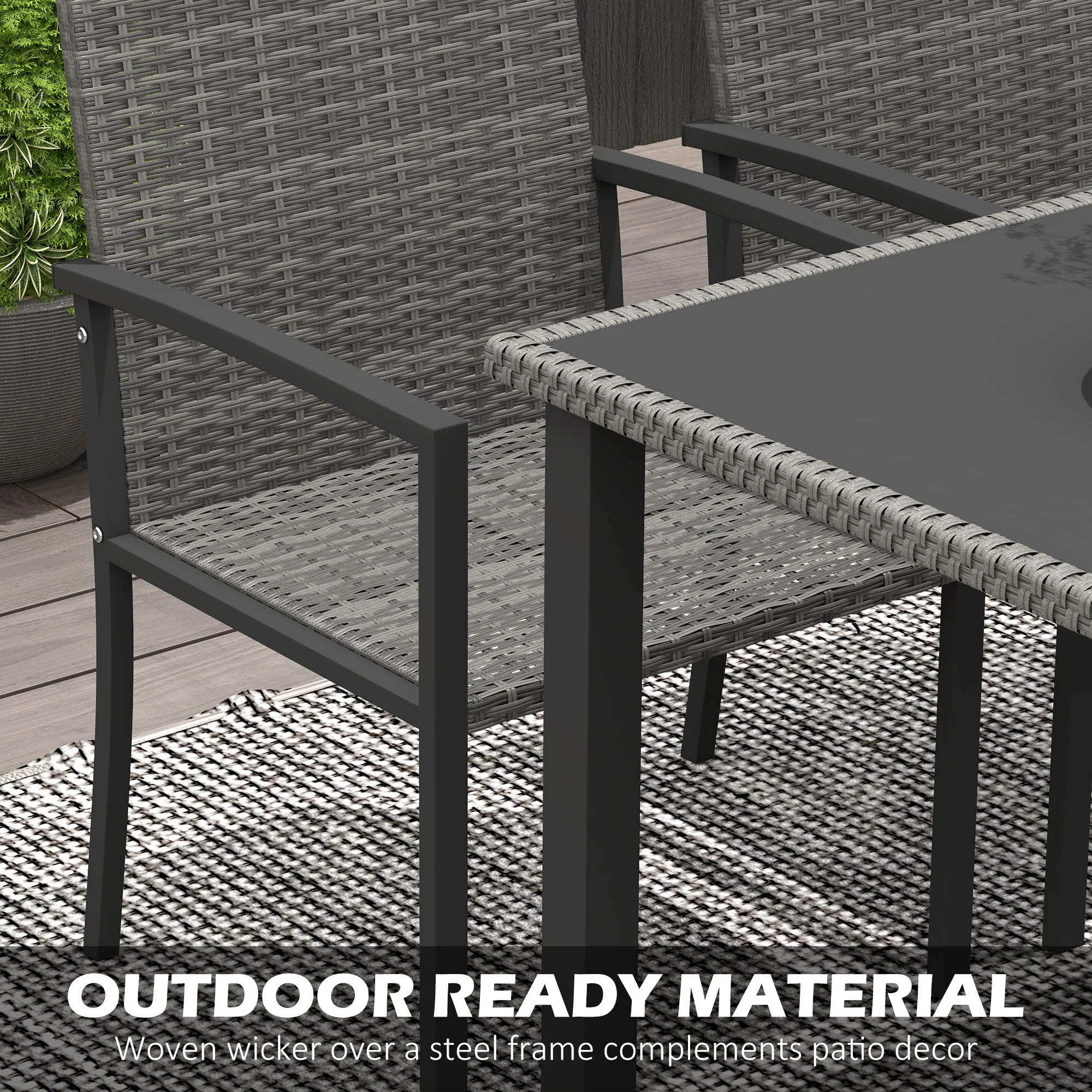 Outsunny Rattan Garden Furniture for 4, Dining Table and Chairs, Grey - Image 6