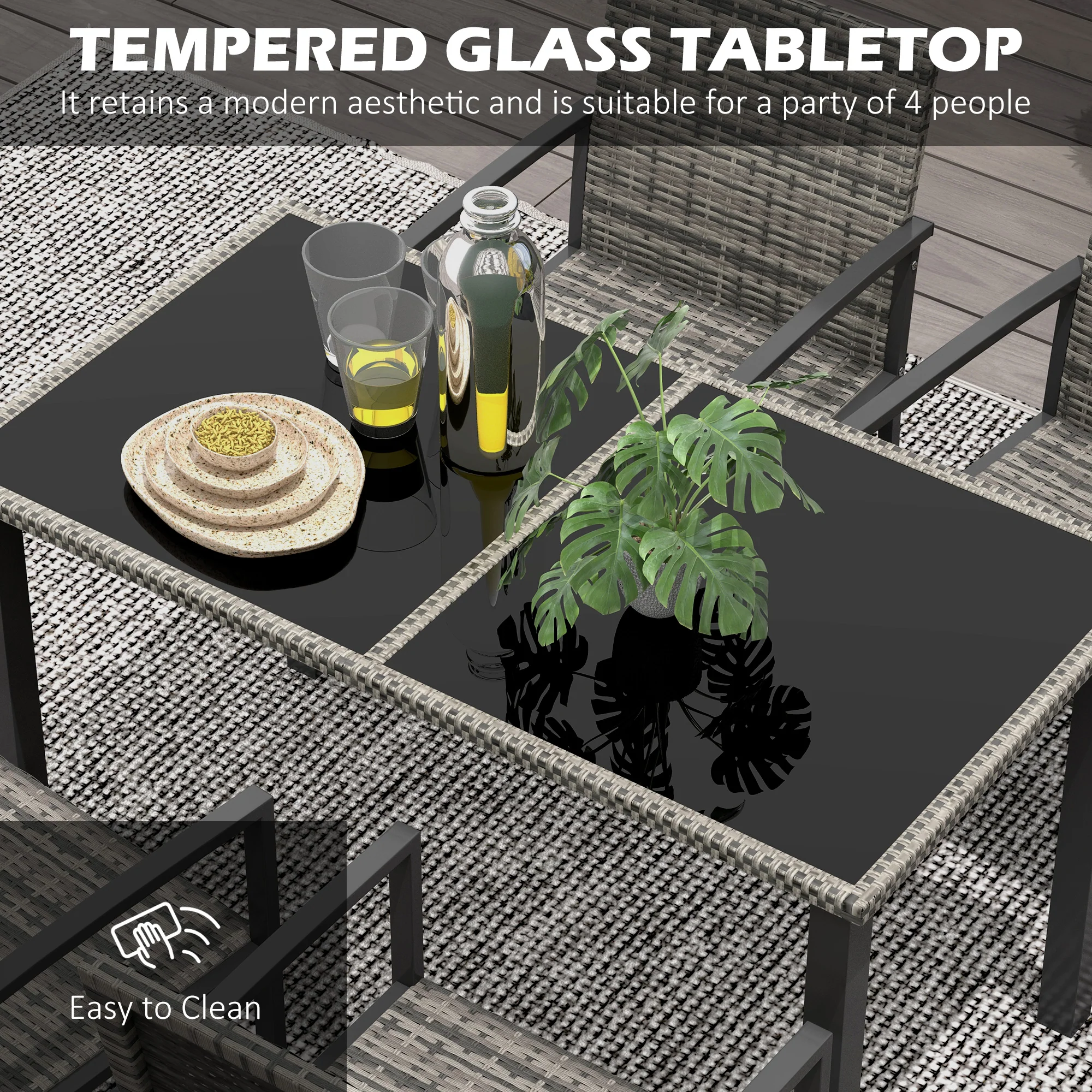 Outsunny Rattan Garden Furniture for 4, Dining Table and Chairs, Mixed Grey - Image 4