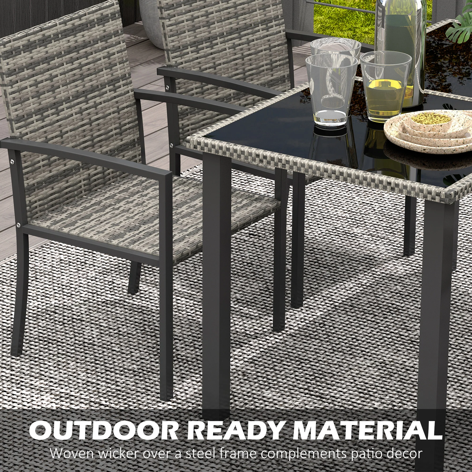 Outsunny Rattan Garden Furniture for 4, Dining Table and Chairs, Mixed Grey - Image 6
