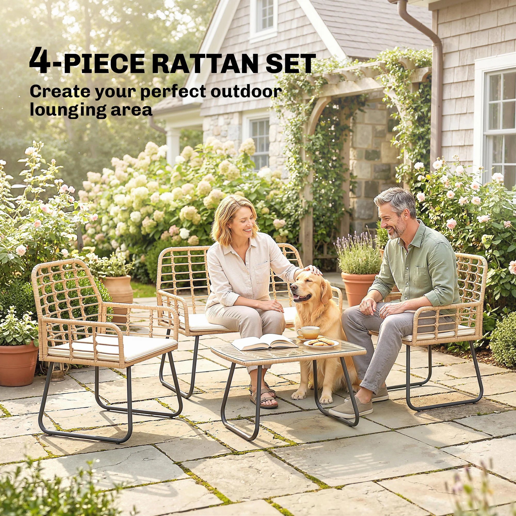 Outsunny Rattan Garden Furniture Set, 4 Piece Outdoor Patio Furniture - Image 3
