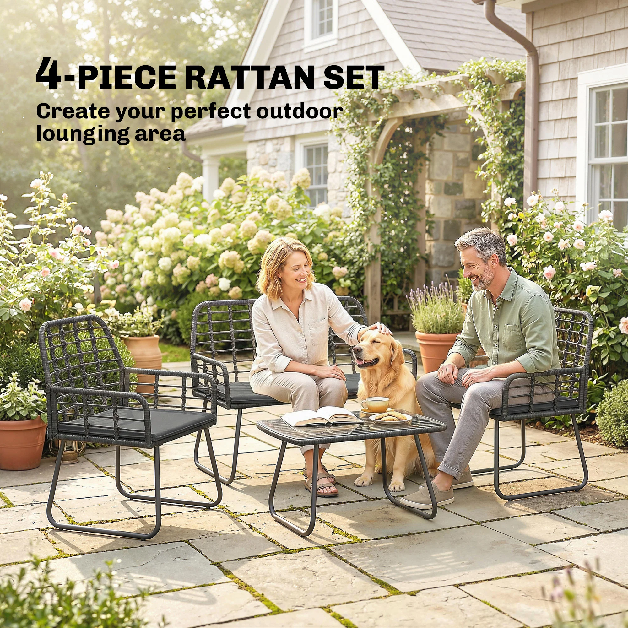 Outsunny Rattan Garden Furniture Set, 4 Piece Outdoor Patio Furniture - Image 3