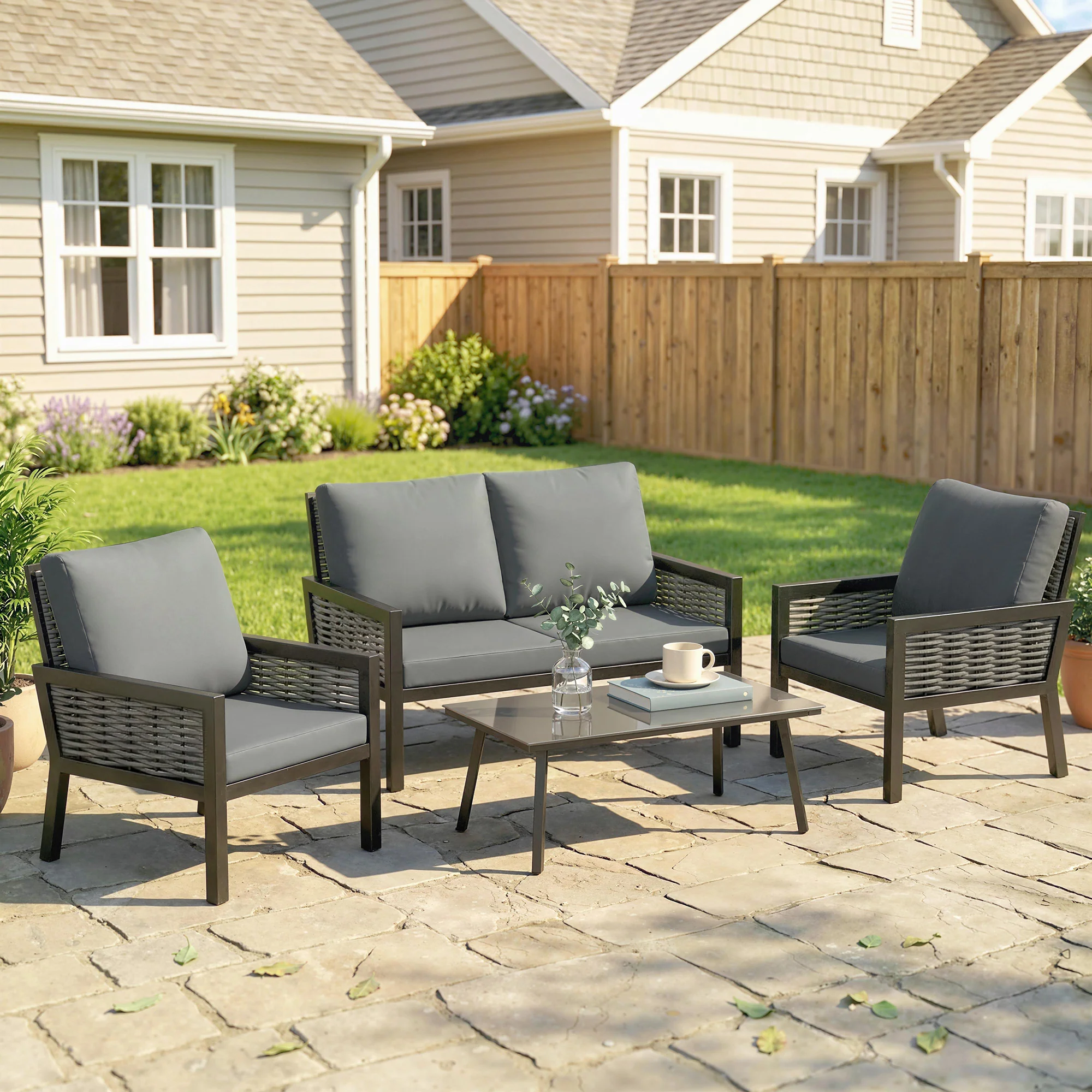 Outsunny Rattan Garden Furniture Set, Outdoor Furniture Conversation Set - Image 2