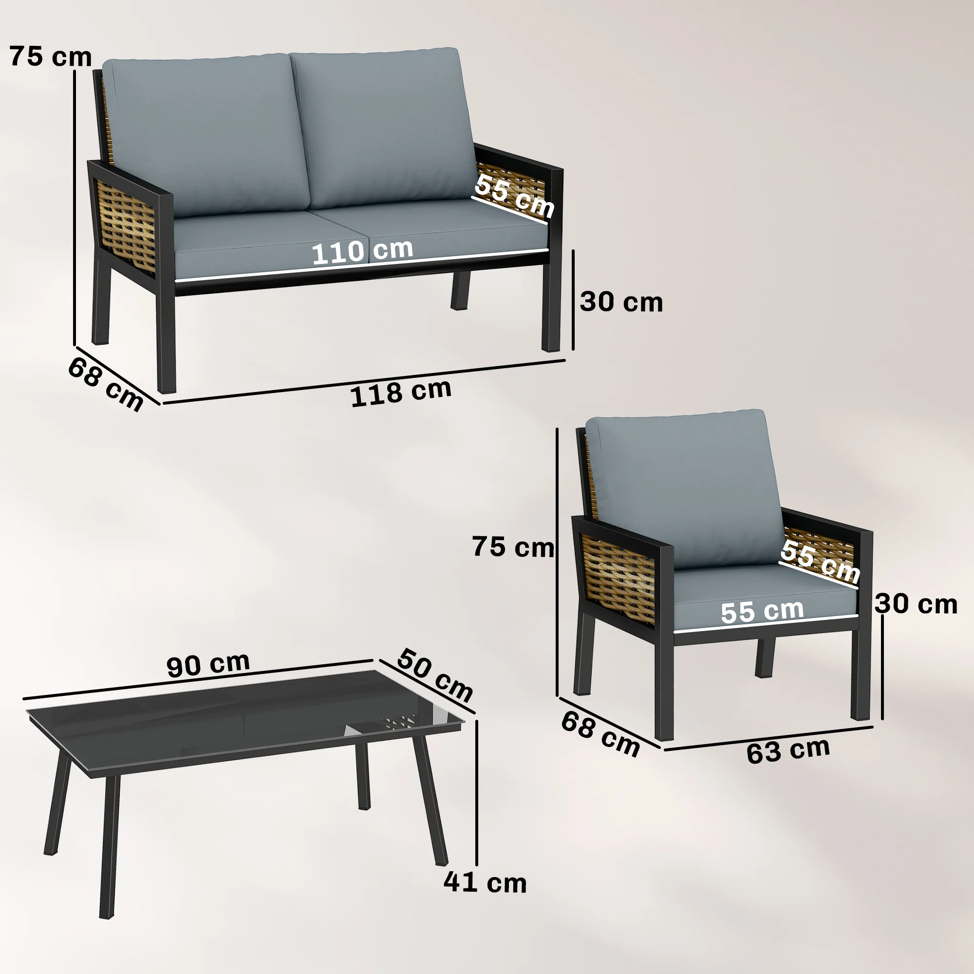 Outsunny Rattan Garden Furniture Set, Outdoor Furniture Conversation Set - Image 5