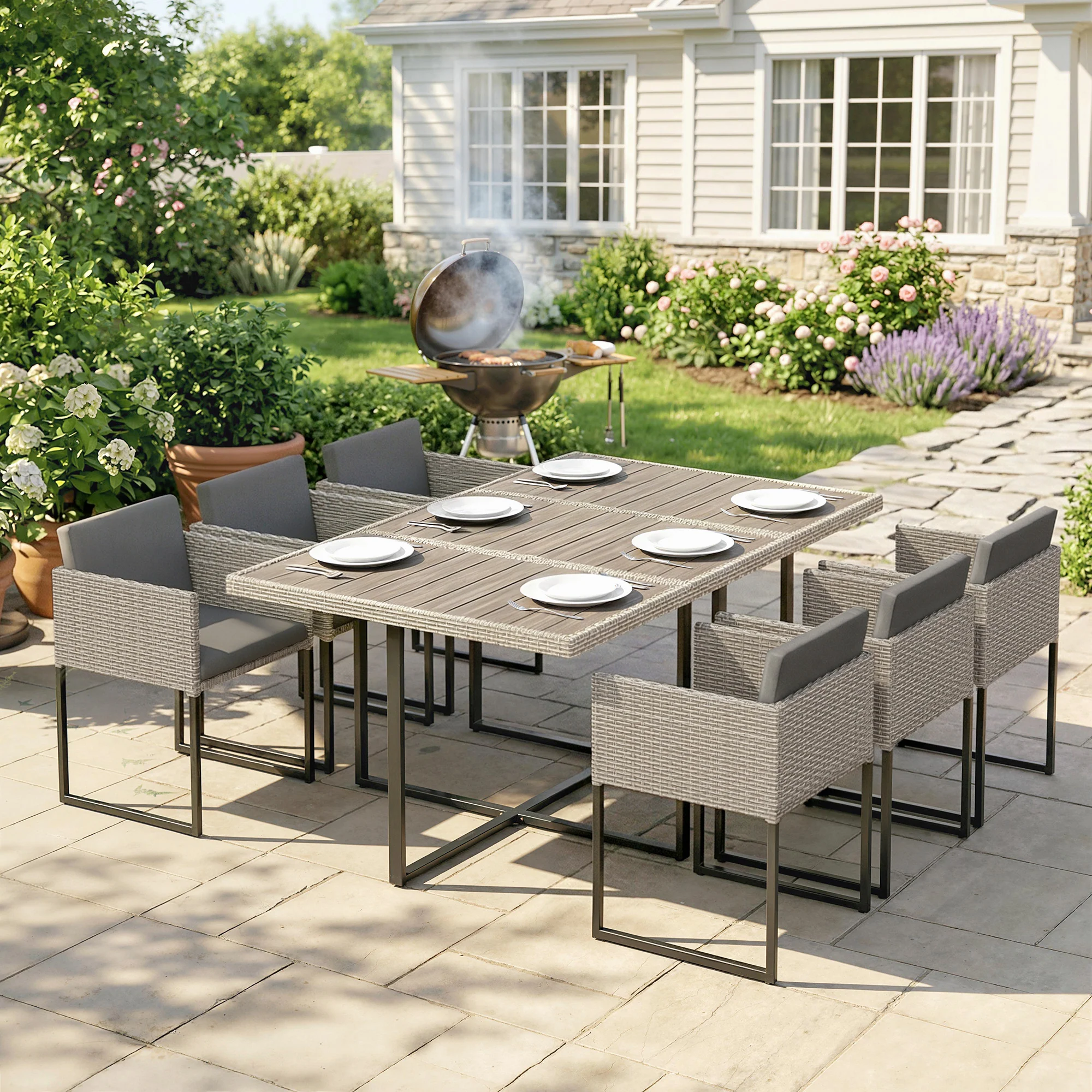 Outsunny Rattan Garden Furniture Set, Rattan Table and Chairs with Cushions - Image 2