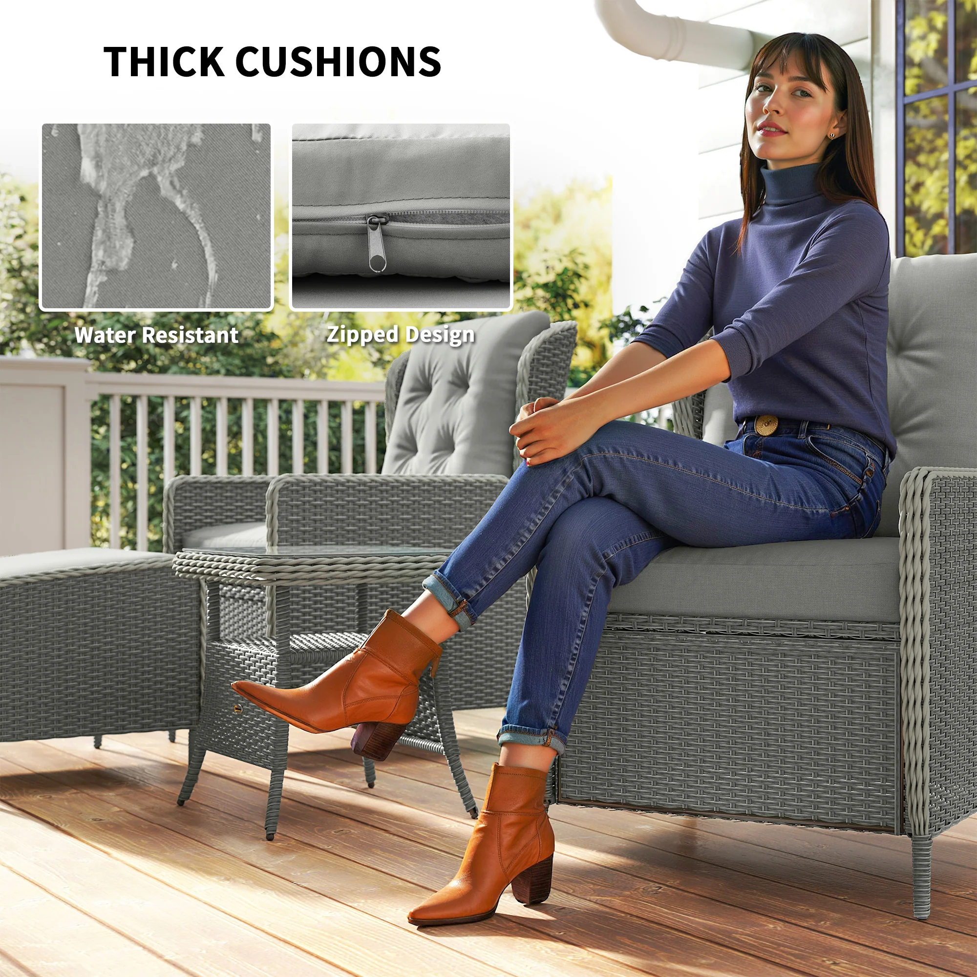 Outsunny Rattan Garden Furniture Set with Footstools Armchairs Charcoal Grey - Image 7
