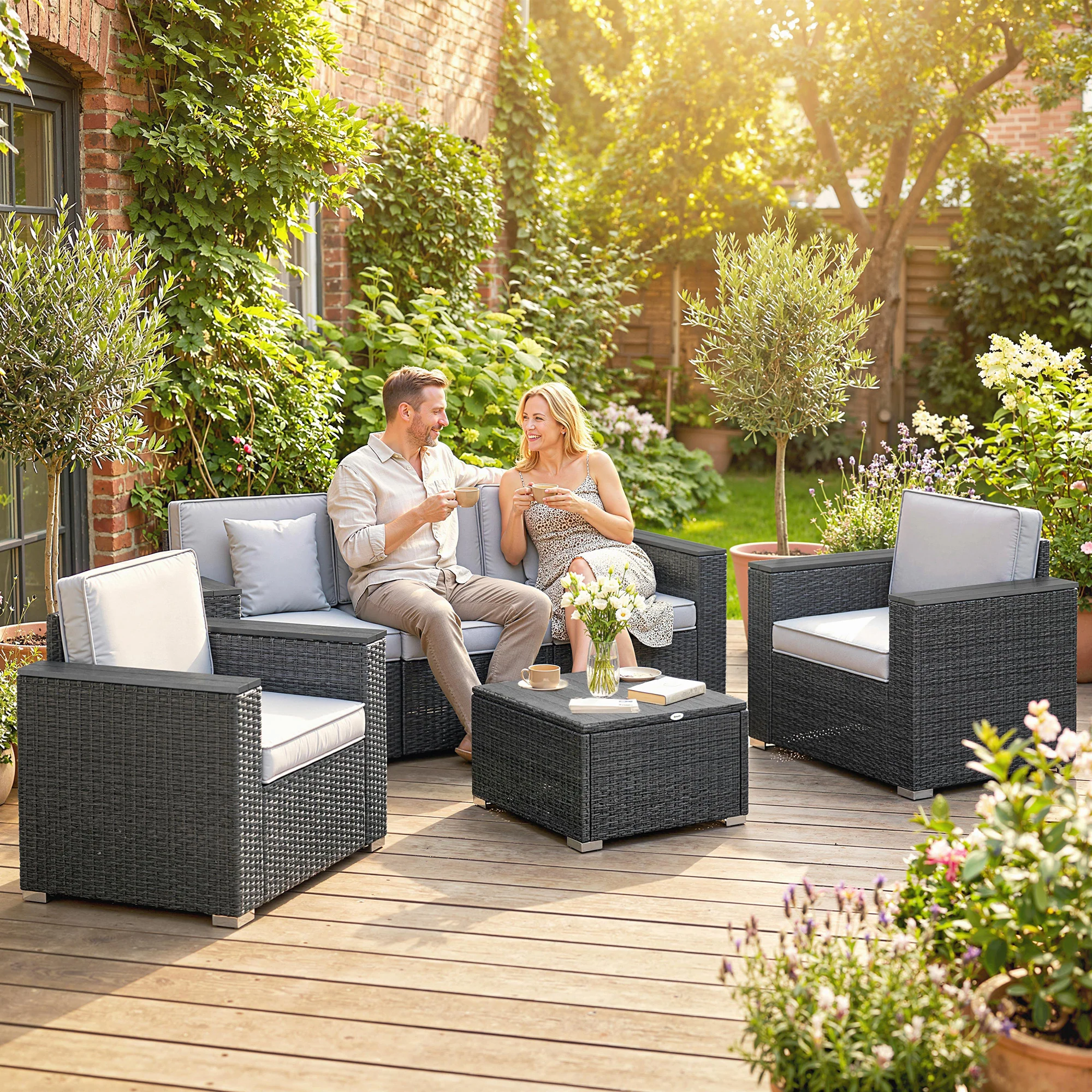 Outsunny Rattan Garden Furniture Set with Wide Armrests, Cushions, Dark Grey - Image 2