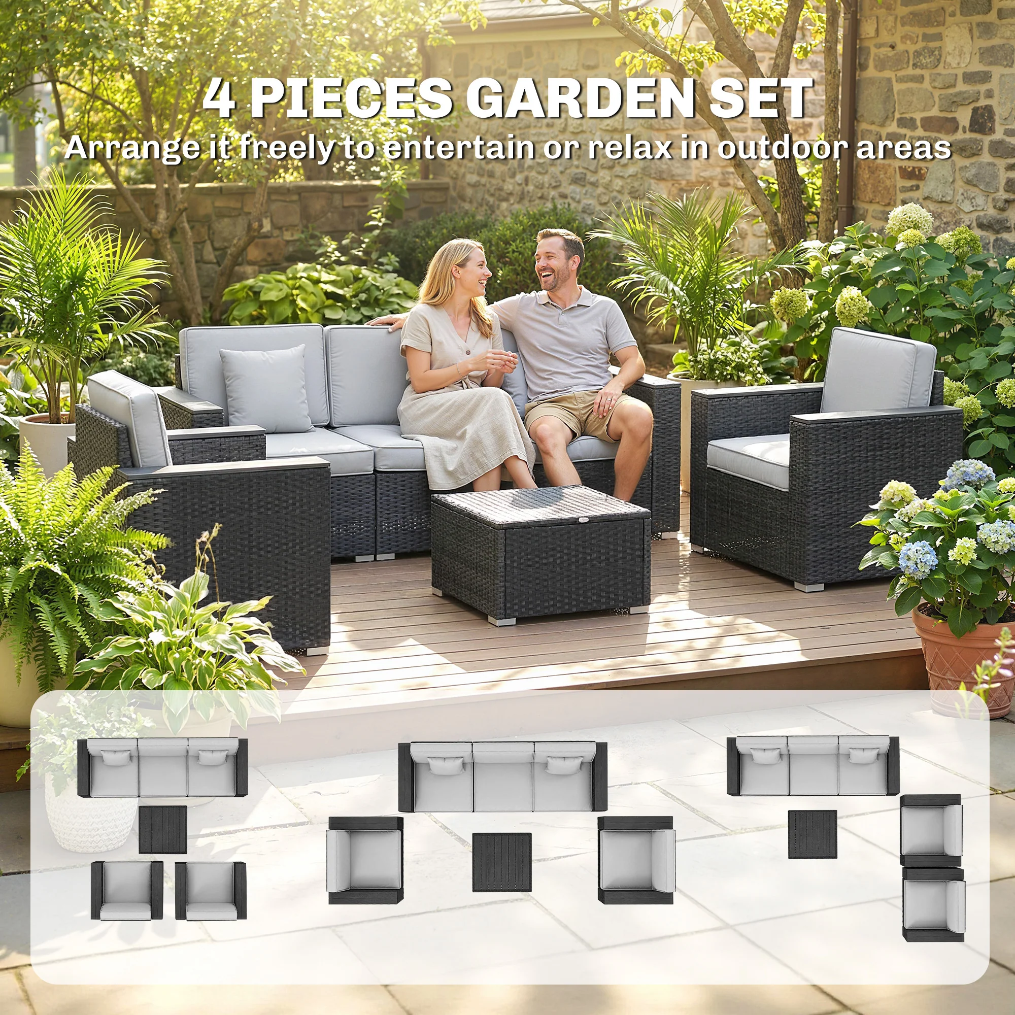 Outsunny Rattan Garden Furniture Set with Wide Armrests, Cushions, Dark Grey - Image 4
