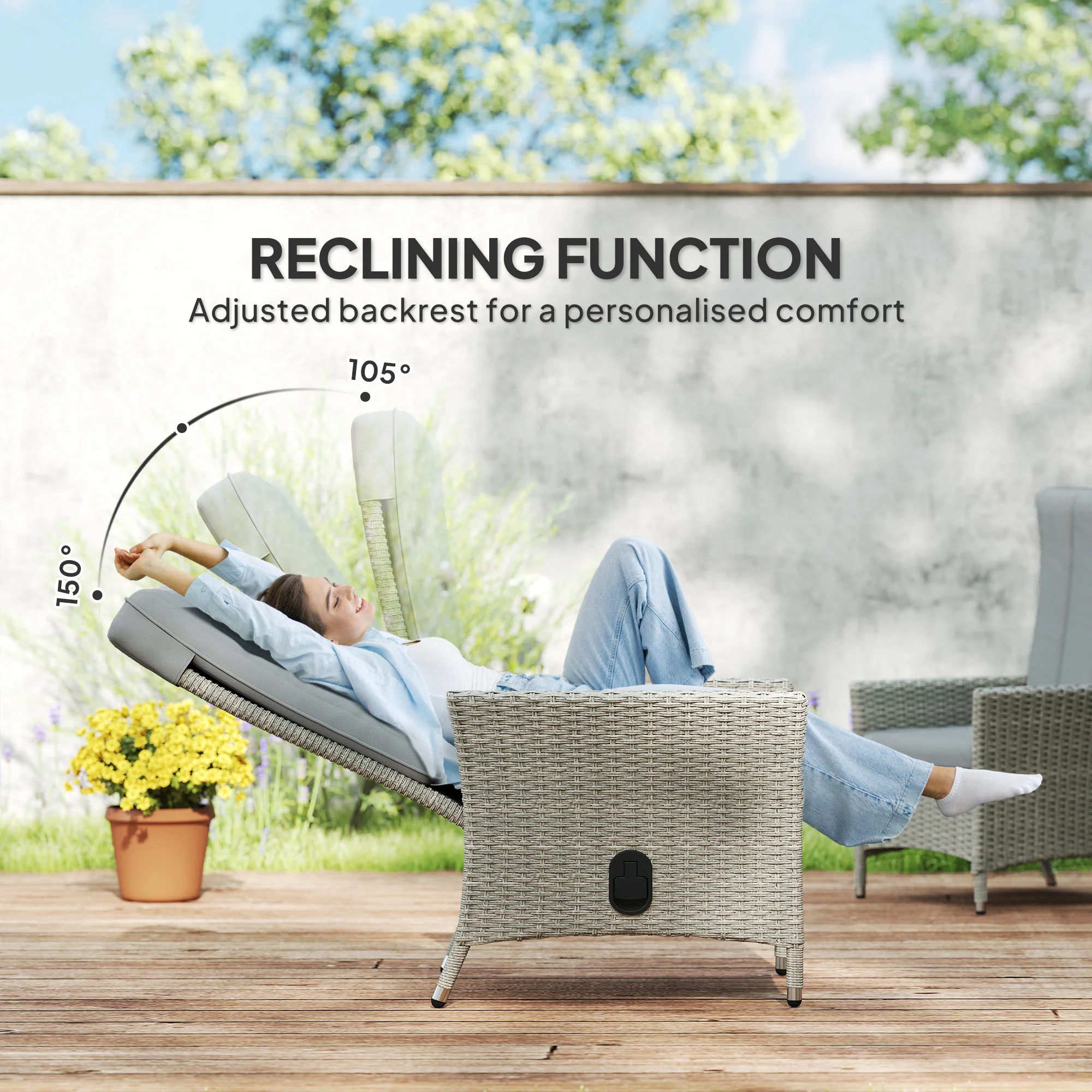 Outsunny Rattan Garden Recliner Chair with Adjustable Backrest - Image 3