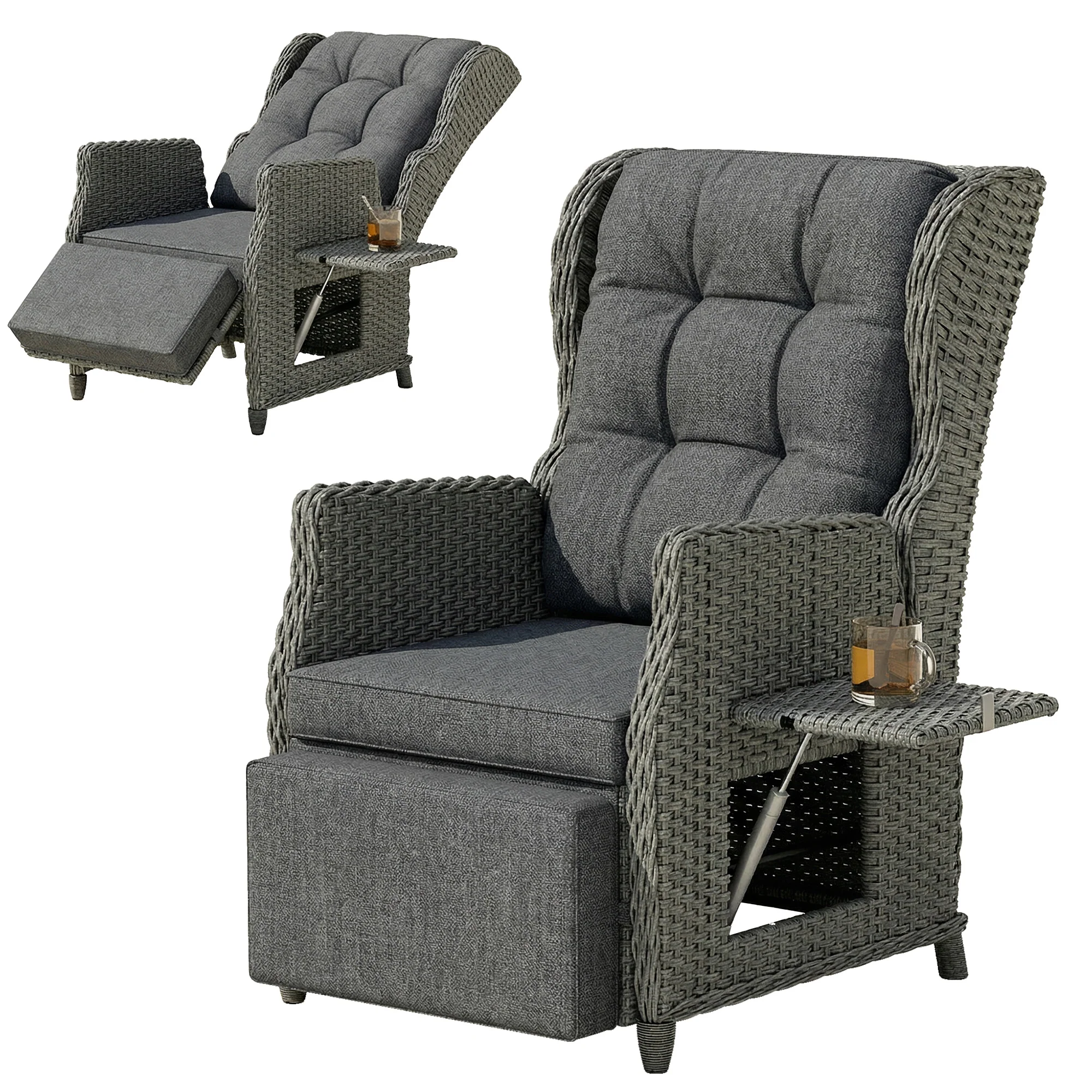 Outsunny Rattan Garden Recliner Chair with Flip Table, Dark Grey