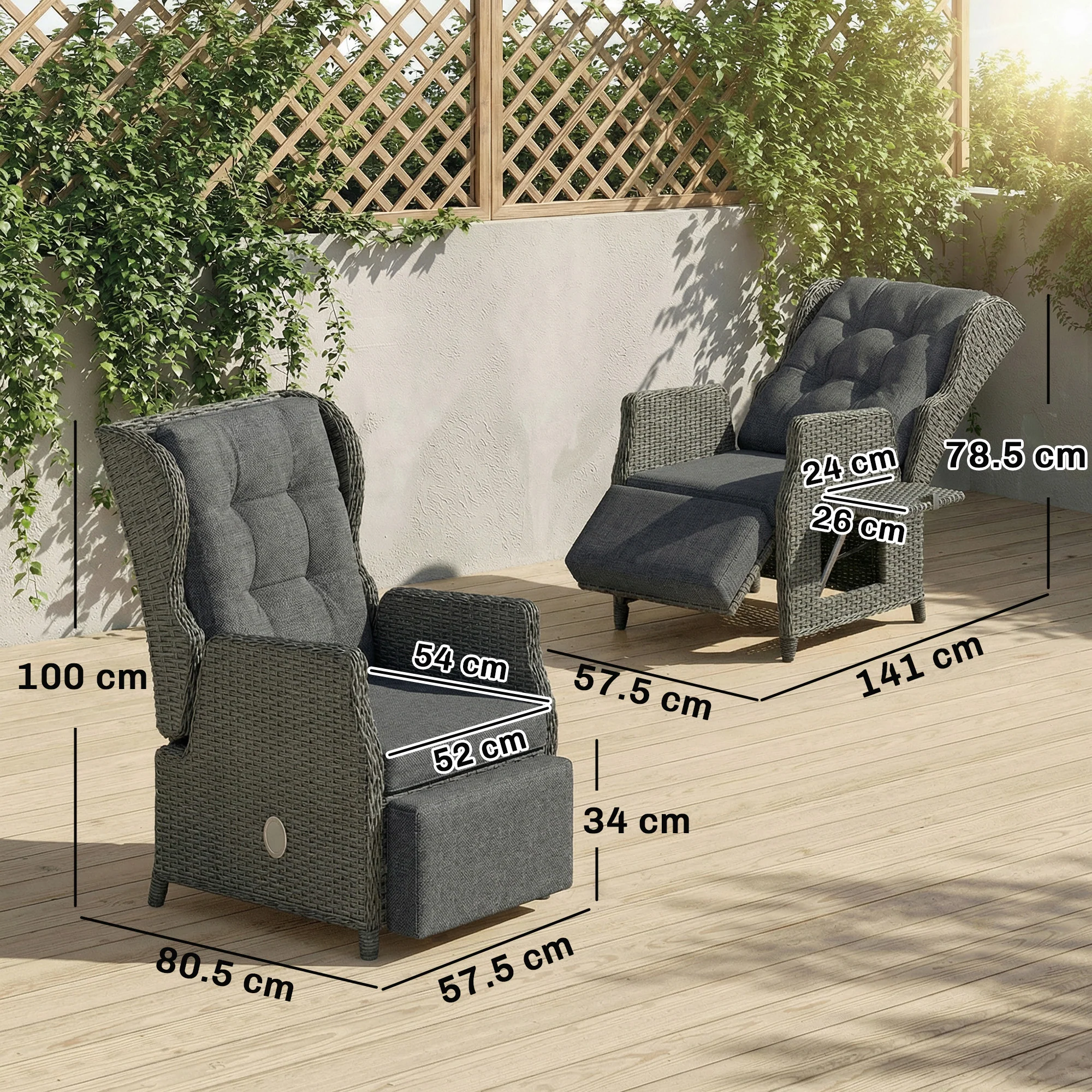 Outsunny Rattan Garden Recliner Chair with Flip Table, Dark Grey - Image 3