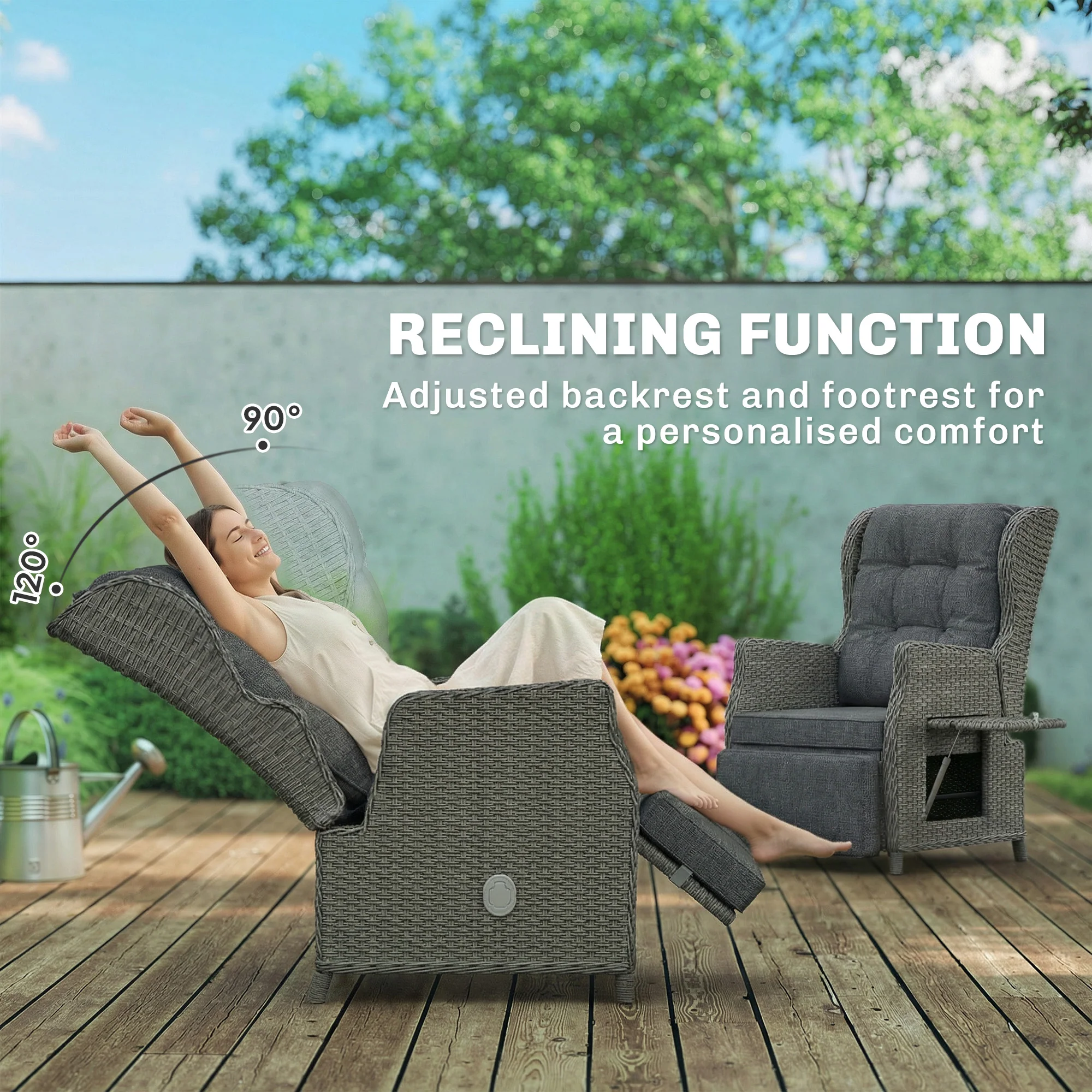 Outsunny Rattan Garden Recliner Chair with Flip Table, Dark Grey - Image 4