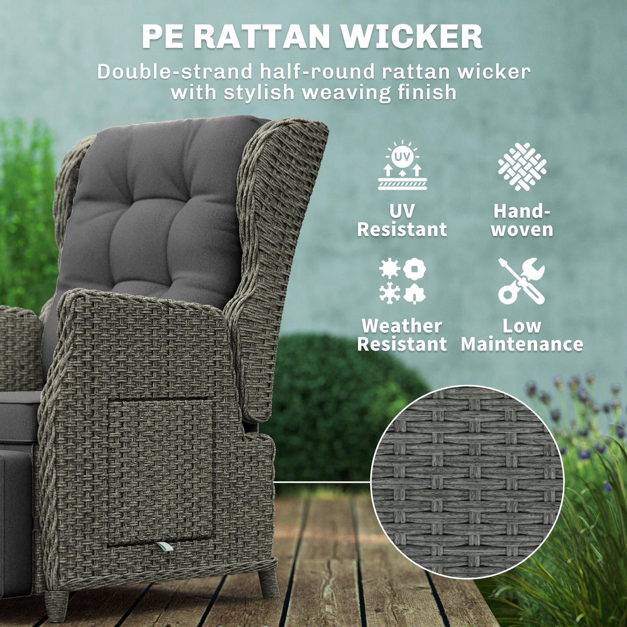 Outsunny Rattan Garden Recliner Chair with Flip Table, Dark Grey - Image 5