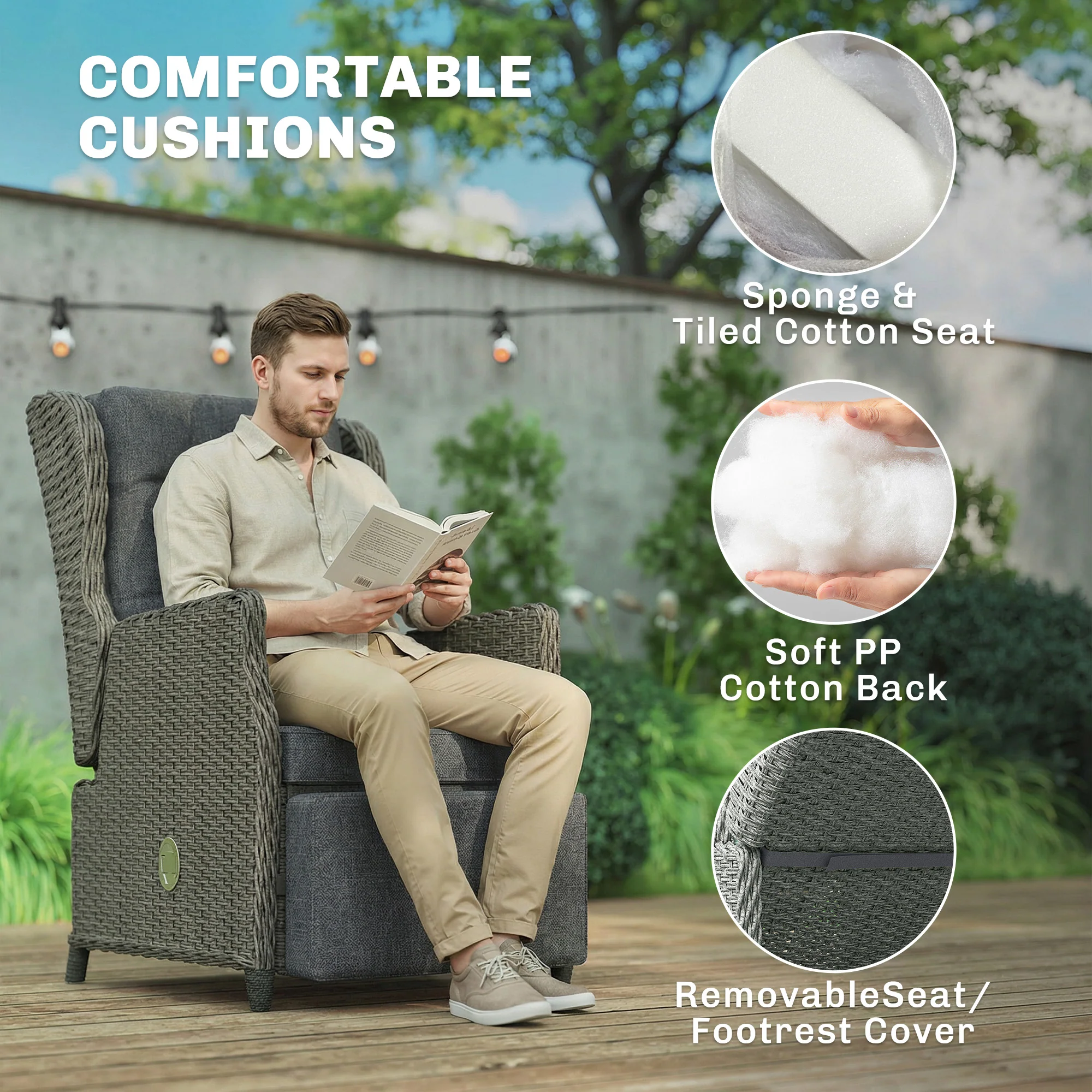 Outsunny Rattan Garden Recliner Chair with Flip Table, Dark Grey - Image 7