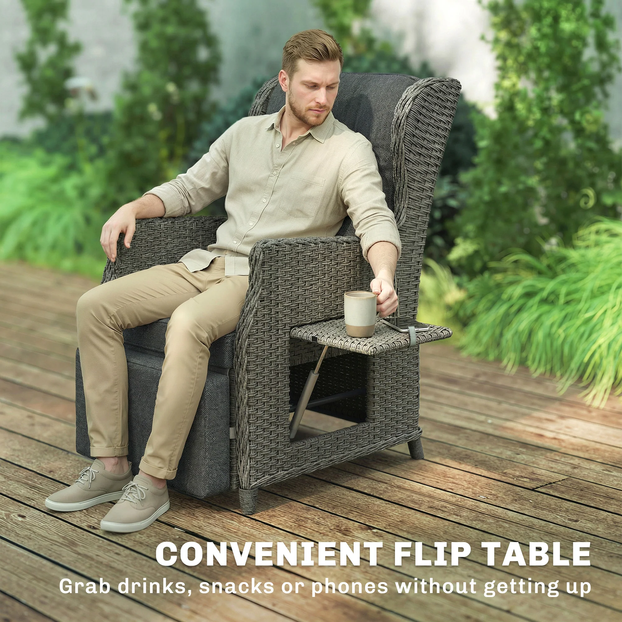 Outsunny Rattan Garden Recliner Chair with Flip Table, Dark Grey - Image 8