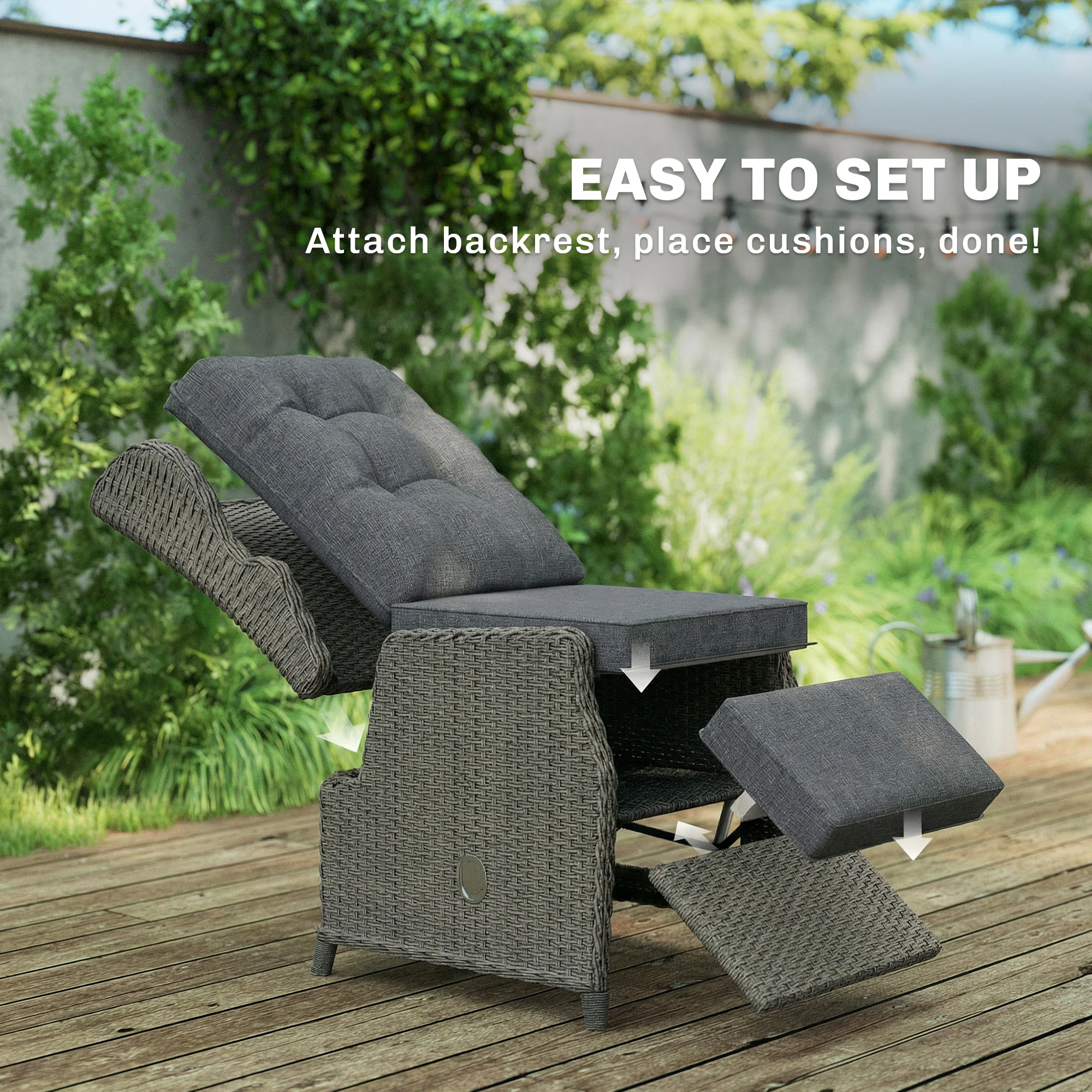 Outsunny Rattan Garden Recliner Chair with Flip Table, Dark Grey - Image 9