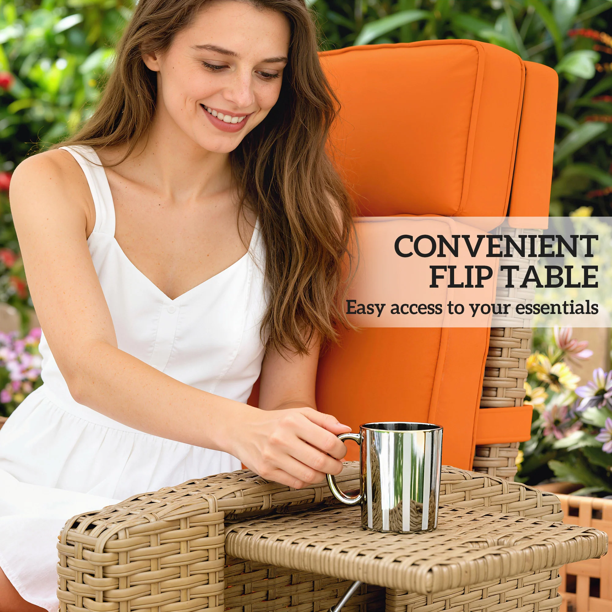 Outsunny Rattan Garden Recliner Sun Lounger W/ Flip Table, Khaki/Orange - Image 6