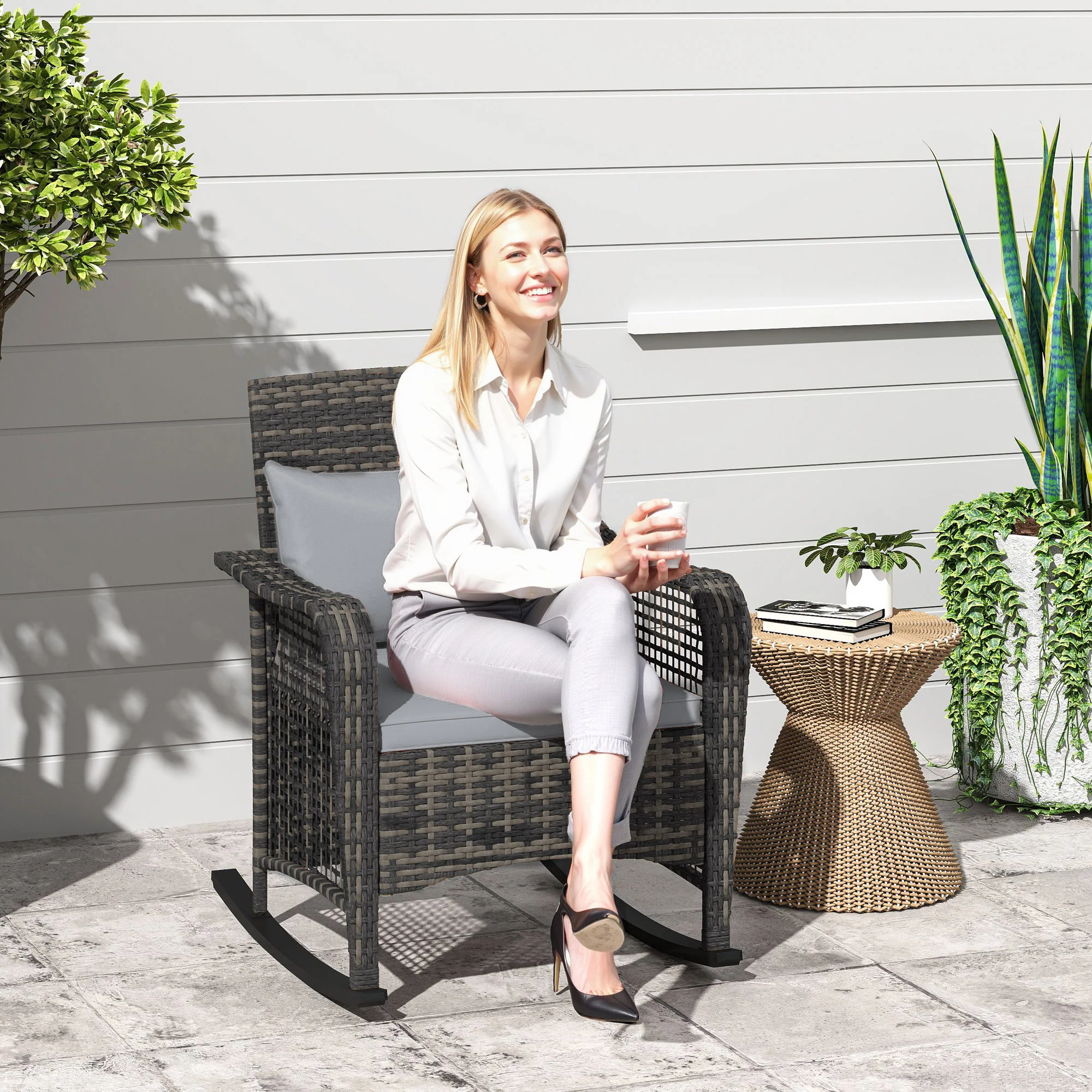 Outsunny Rattan Garden Rocking Chair w/ Seat and Back Cushions - Image 11